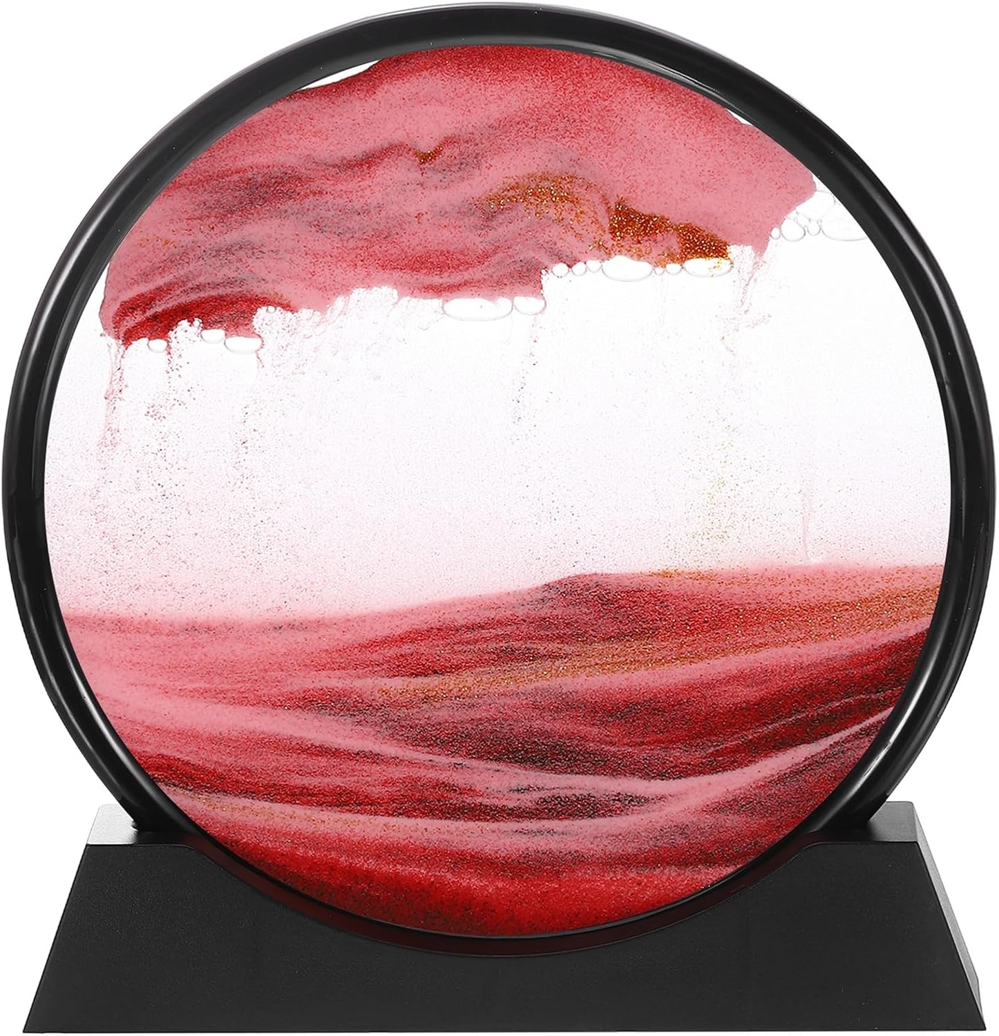 Moving Sand Art Picture 12" Round Tempered Glass 3D Liquid Motion Deep Sea Flowing Sand Scene with Display Frame Perfect for Desktop & Home & Office & Work Decoration (Red)