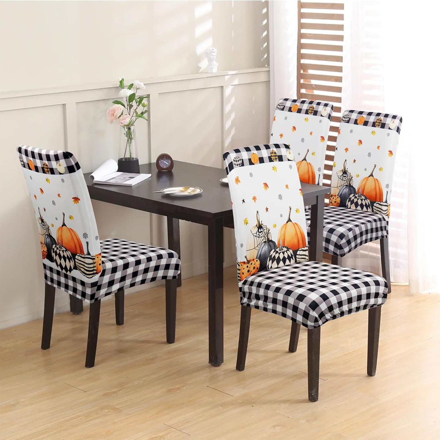 Halloween Chair Covers Set of 4, Fall Pumpkin Black/White Buffalo Plaid Chairs Slipcover for Dining Room, Removable Washable Breathable Cover in the Kitchen Restaurant Holiday Decor