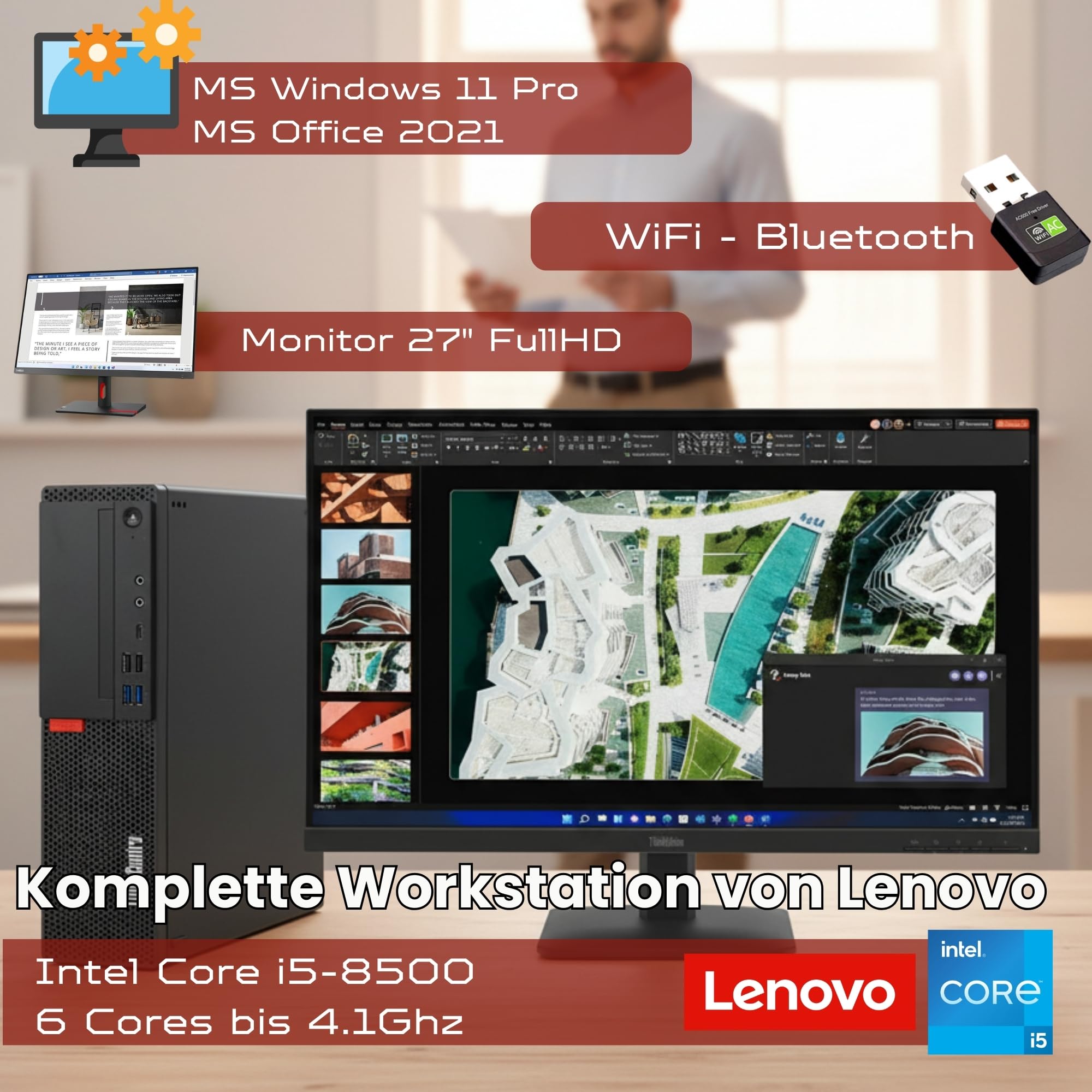 Lenovo Kompletter Business-Computer ThinkCentre mit 27 Zoll Ultra Slim Monitor | Intel Core i5 8500 | DP USBC | 16 GB | 512GB | Webcam Win 11 Pro MS Office 2021 Pro Garantie 36 Monate (überholt)