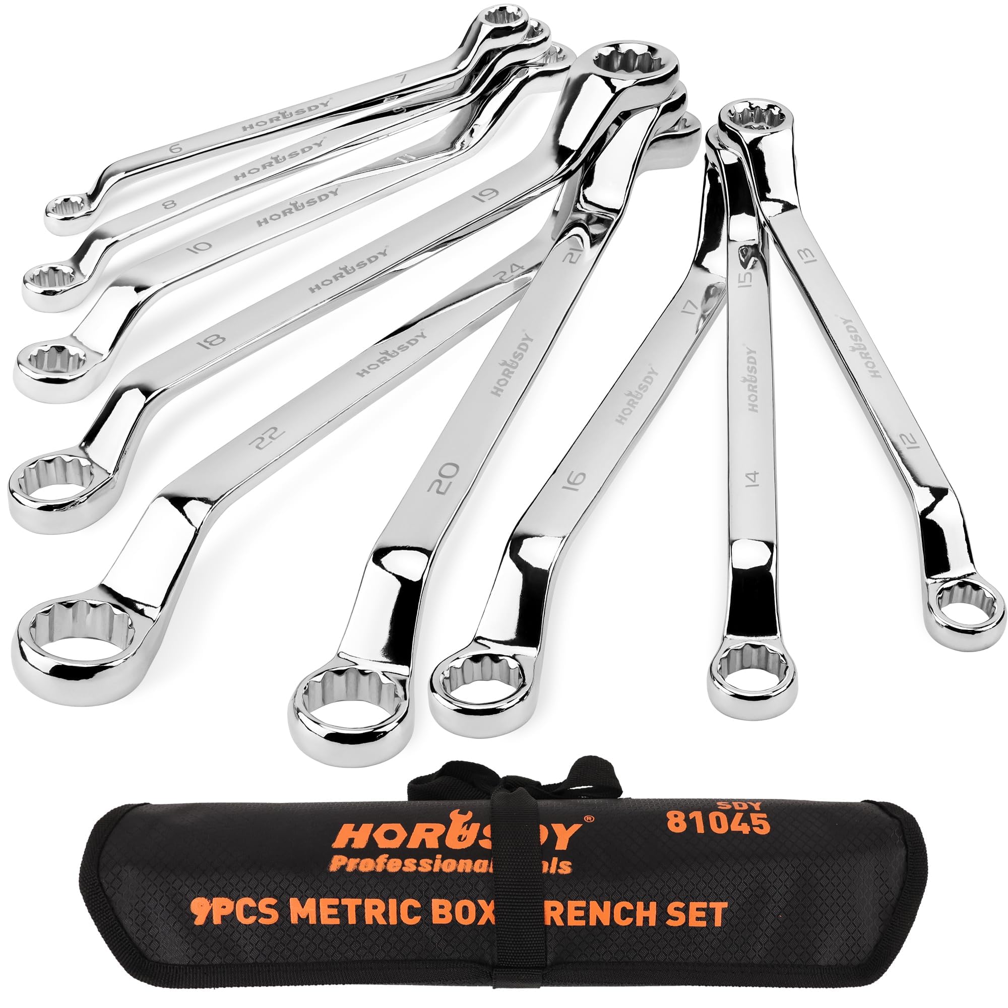 9-Pieces Metric Offset Box Wrench Set with Rolling Pouch, 50-Degree, Metric 6-24mm, CR-V Steel