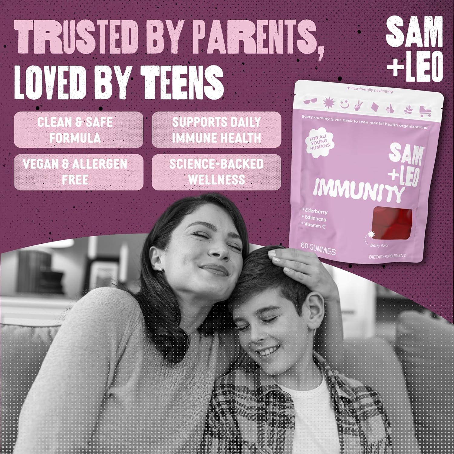 SAM+LEO Immunity Gummies with Elderberry, Echinacea, Zinc & Vitamin C for Kids & Teens – Immune Support Supplement Gummies | Vegan & Gluten Free Supplement – Berry Flavor (60 Count)