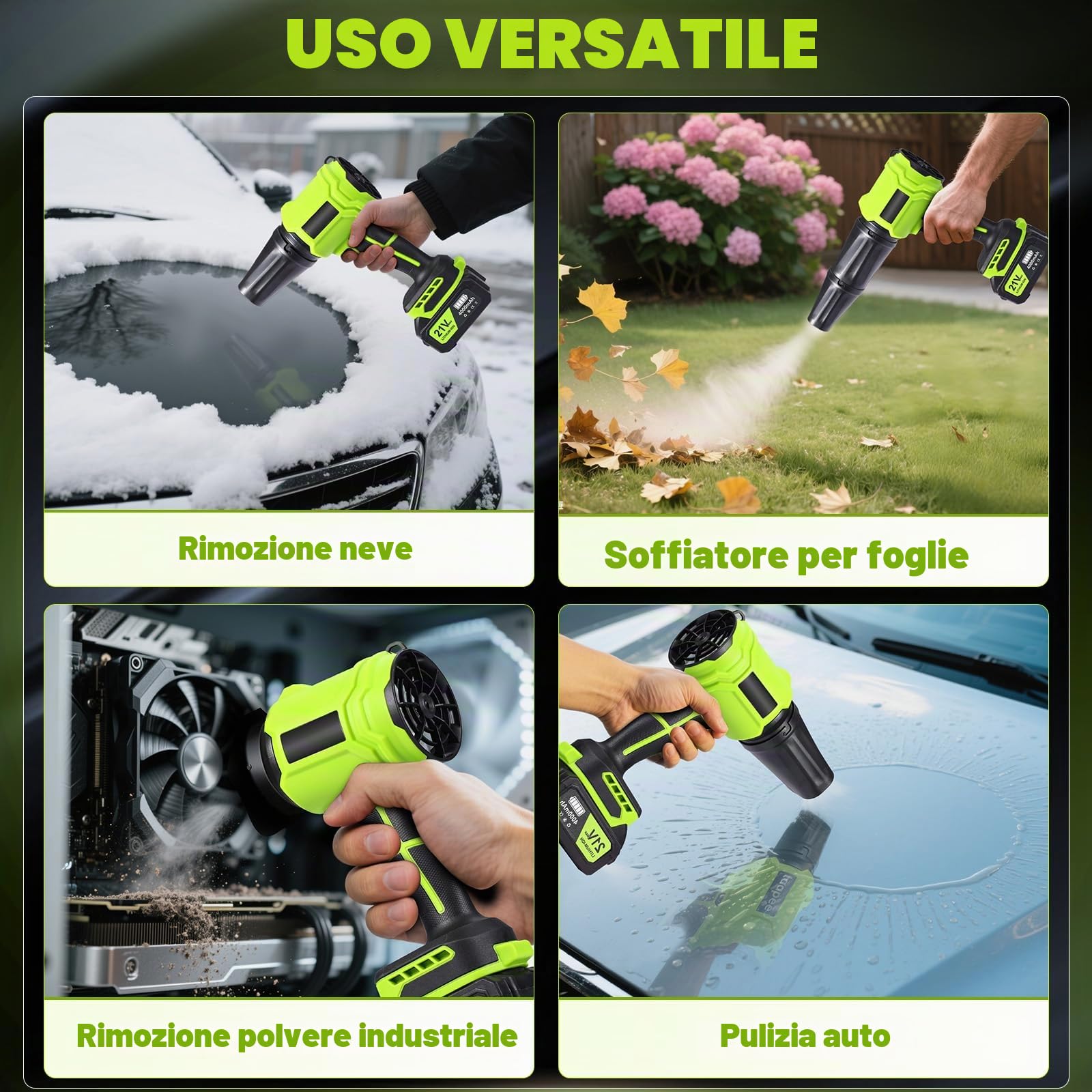 Soffiatore a Batteria Portatile, Aria Potente ad Alta Velocità con 2 Batterie 4000mAh, Velocità Del Vento 65 m/s, Soffiatore per Foglie Leggero per Giardino, Polvere e Neve,Verde Fluorescente