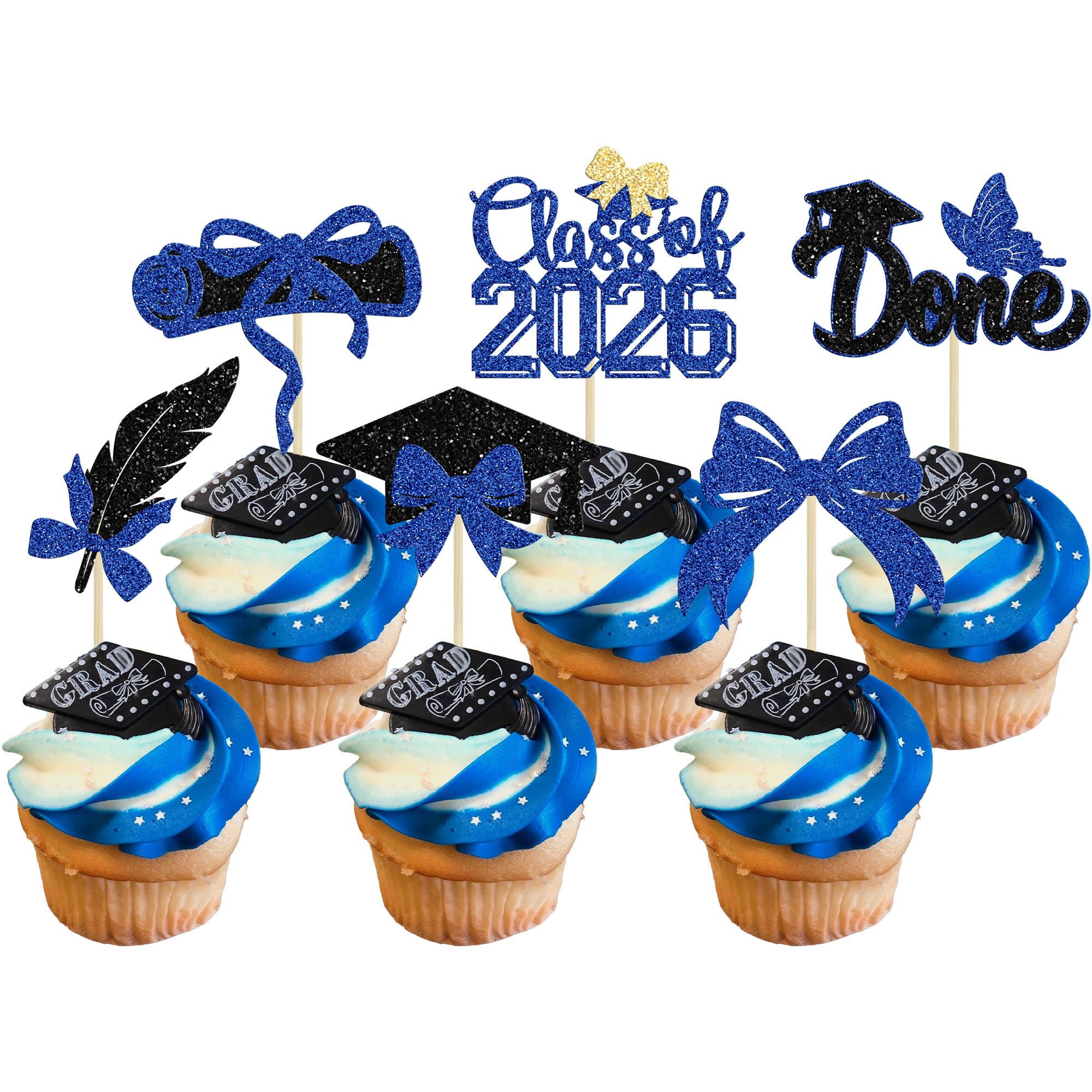 Gyufise 24Pcs 2026 Graduation Theme Cupcake Toppers Class of 2026 Cupcake Picks Butterfly Bow Diploma Congrats Grad Cake Decorations for 2026 High School College Girl Graduation Party Supplies Blue 2 โ image 1