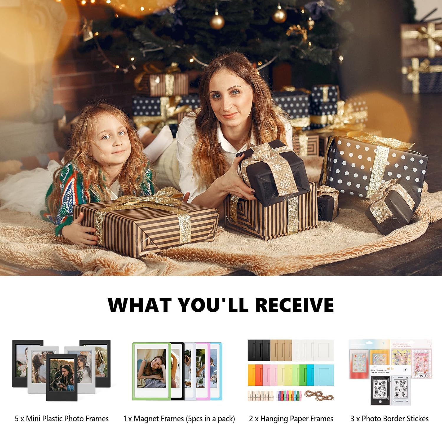 2x3 Photo Display Bundle for Instax Mini Film (54x86mm), for Fujifilm Instax Mini Camera Photo Frames, Magnetic Picture Frames, Stickers, Hanging Paper Frames - Black Grey