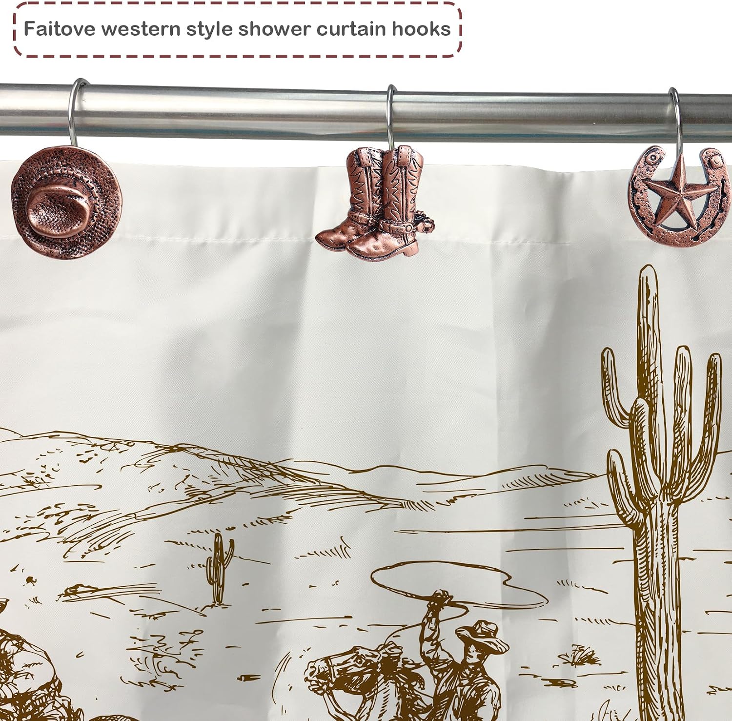 Decorative Shower Curtain Hooks Western Cowboy Farmhouse Shower Curtain Hooks Rings Brown Hanger for Bathroom 12 PCS Stainless Steel
