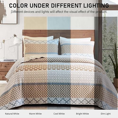 Miniatura 7 de KALOOLA Juego de edredón marrón tamaño Queen, 100% algodón, suave, ligero, acolchado, colcha reversible con 2 fundas de almohada, colcha estampada a