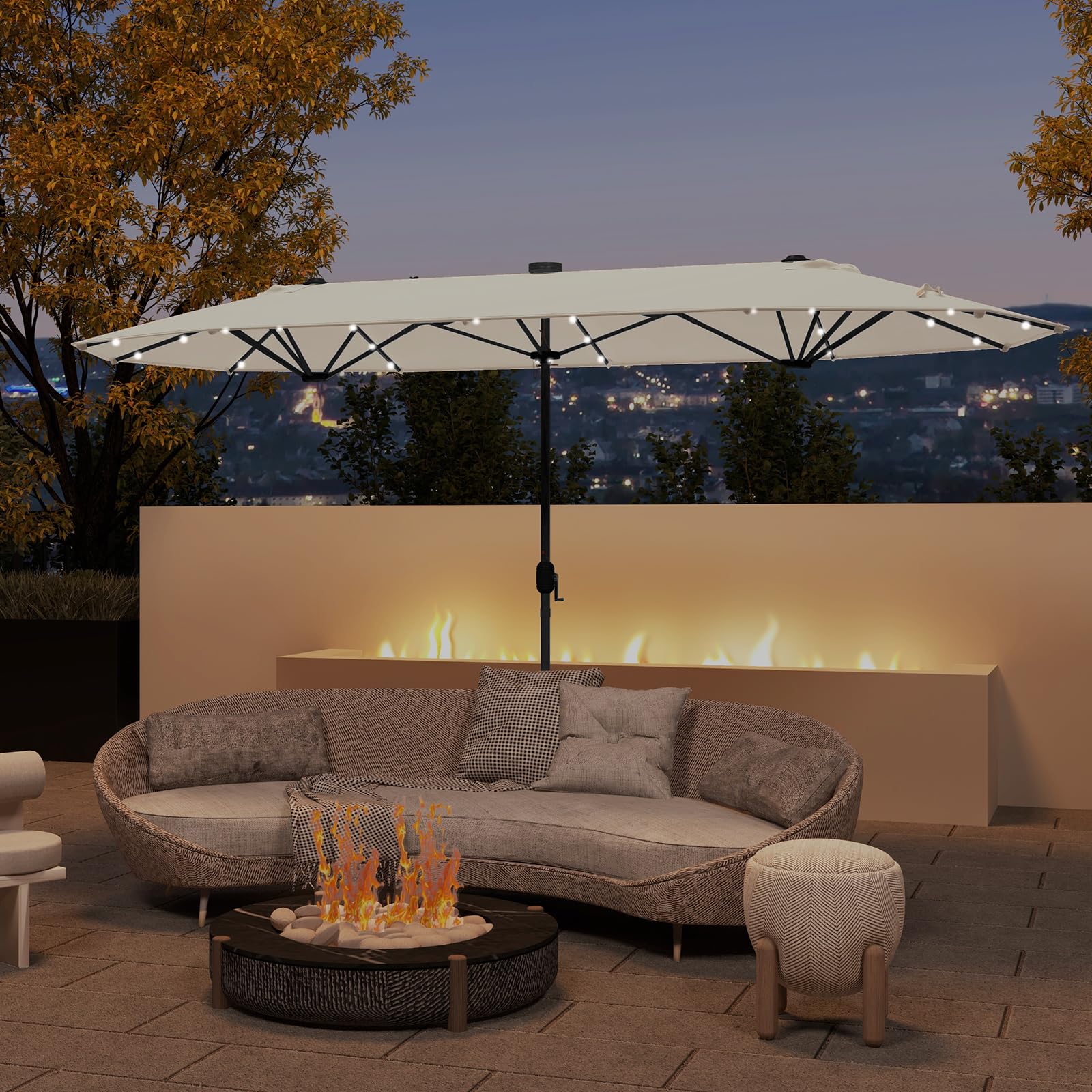 KOMFOTTEU Ombrellone da Giardino Doppio 4 x 2 m con LED, Ombrellone Rettangolare con Manovella e Base, Ombrellone da Balcone Grande Impermeabile, Ombrellone da Patio per Piscina, Cortile