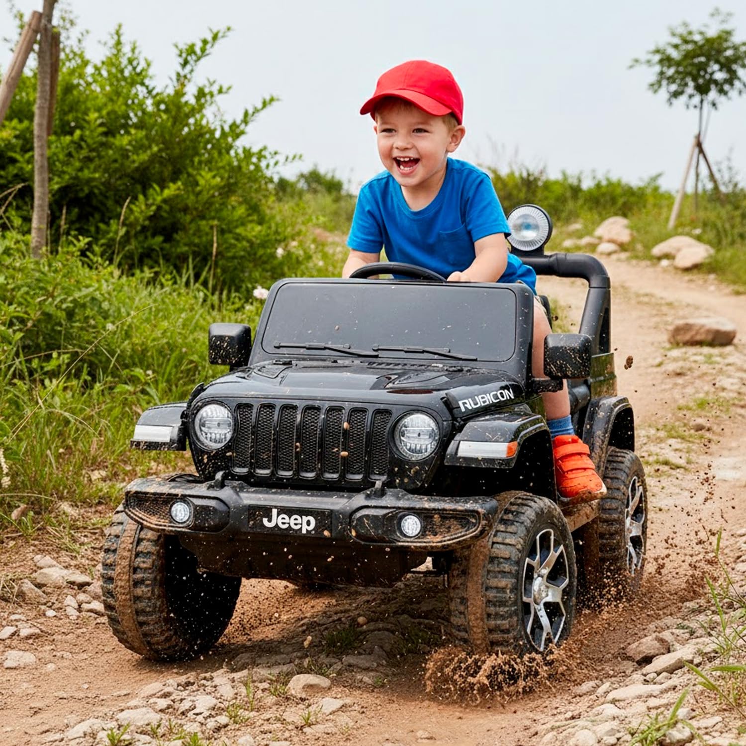 Auto Elettrica Bambini Jeep Wrangler Rubicon 12V 2 Posti con Licenza Ufficiale Ruote in Gomma EVA Sedile in Pelle Telecomando 2.4GHz Luci LED Bluetooth MP3 USB Porte Apribili Full Optional (Nero)