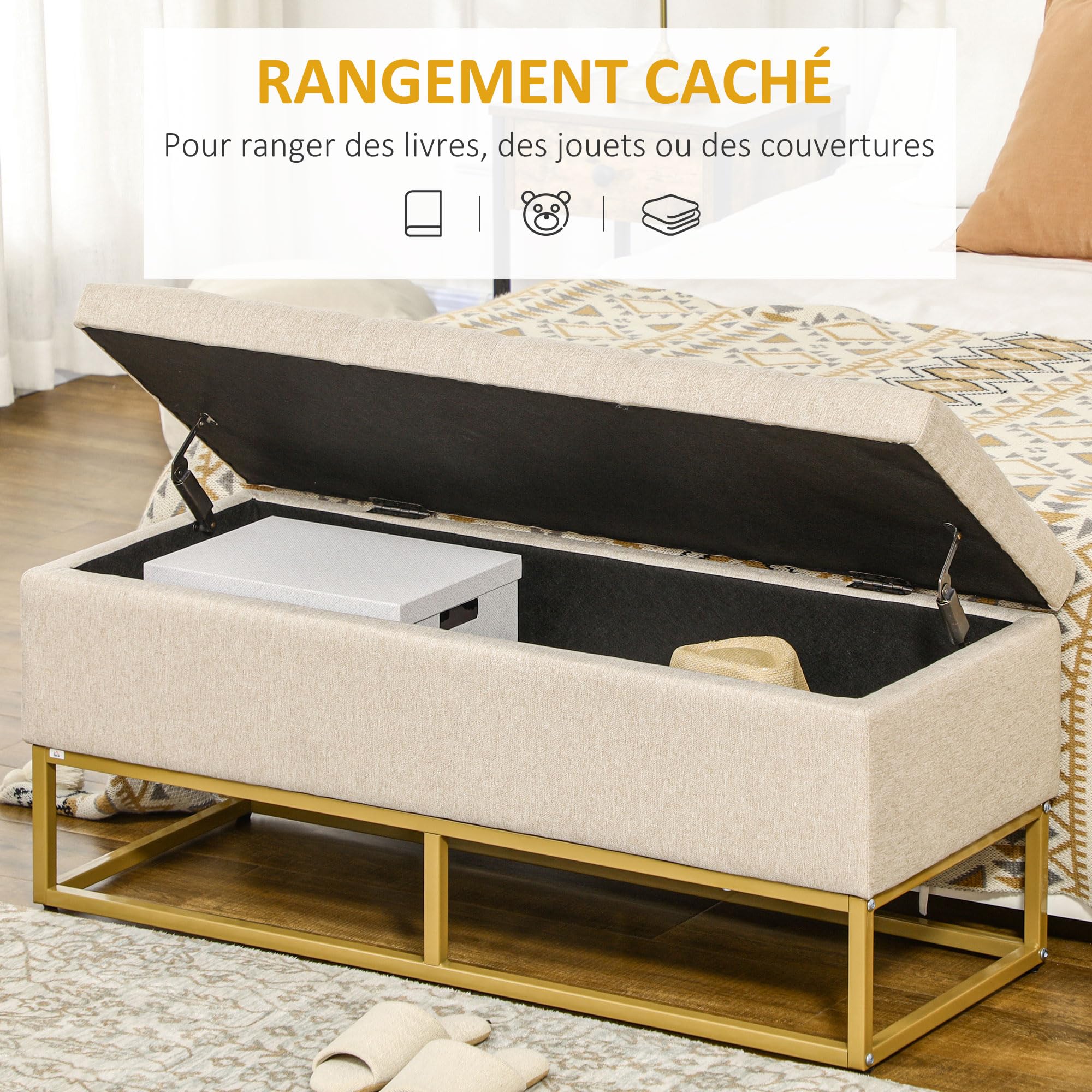 HOMCOM Banc de Rangement, Bout de lit, Coffre de Rangement avec Assise capitonnée et Pieds en Acier, 110 x 44 x 48 cm, Beige et doré