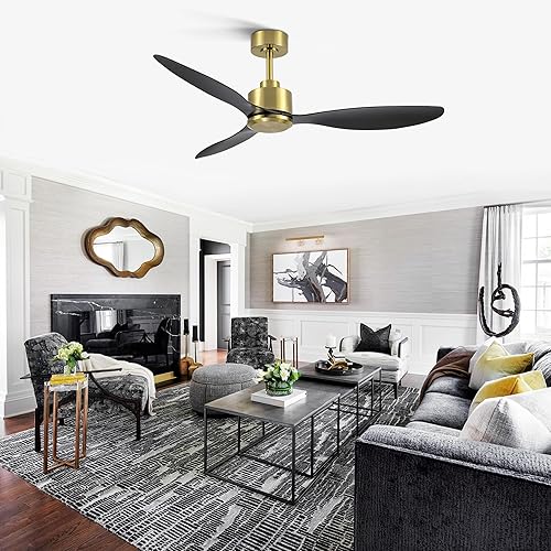Miniatura 9 de Ventiladores de techo de 52 pulgadas sin luz, control remoto de ventilador de techo dorado y de 3 aspas negras, motor CC reversible silencioso,