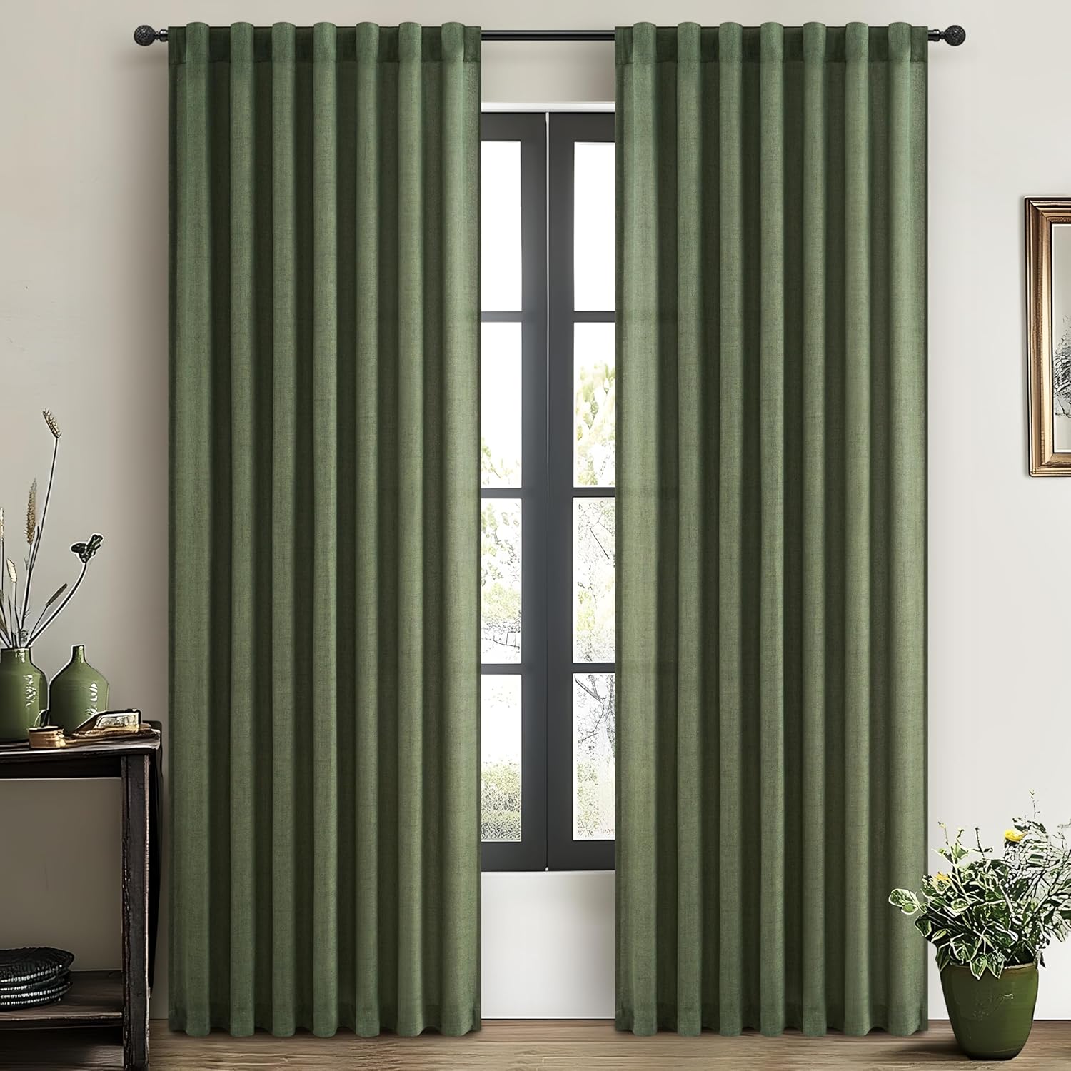 Loden Linen Extra Long Light Filtering Curtains 105 Inches Long for Sliding Glass Doors, Pleated Ceiling Track Sheer Large Window Tall Privacy Drapes 2 Panels Dark Olive Green (52"Wx105"L,Tiebacks)