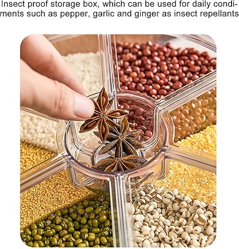 Miniatura 4 de Kufoo - Contenedor de almacenamiento de arroz y granos de 6 rejillas, dispensador de cereales giratorio de 360° con tapa, resistente a la humedad,