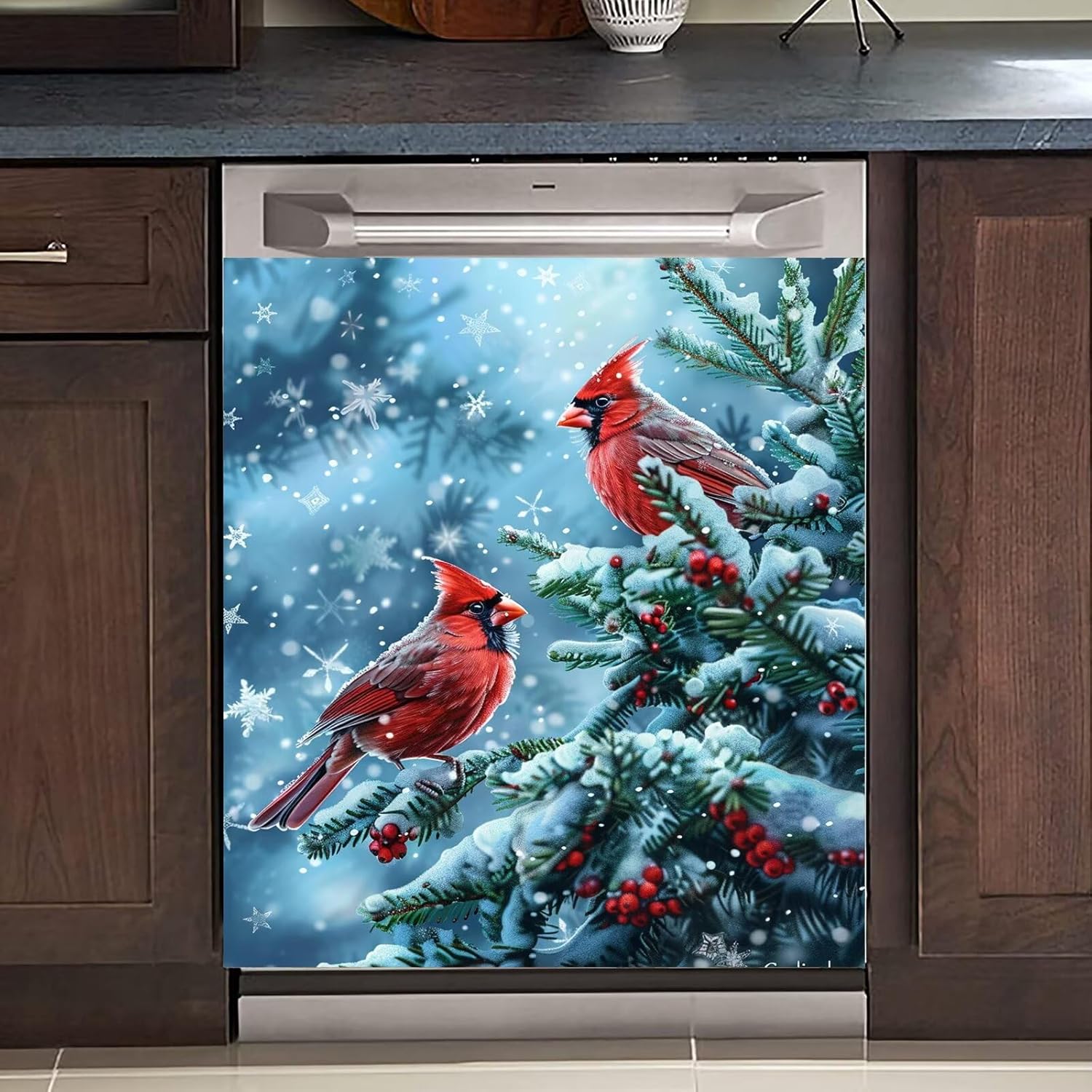 Christmas Cardinals Kitchen Dishwasher Decor Cover Sticker, Winter Snowflakes Refrigerator Door Cover Magnetic Panel, Xmax Red Birds Vinyl Decal Sticker for Dishwasher - Magnetic 23" x 26"