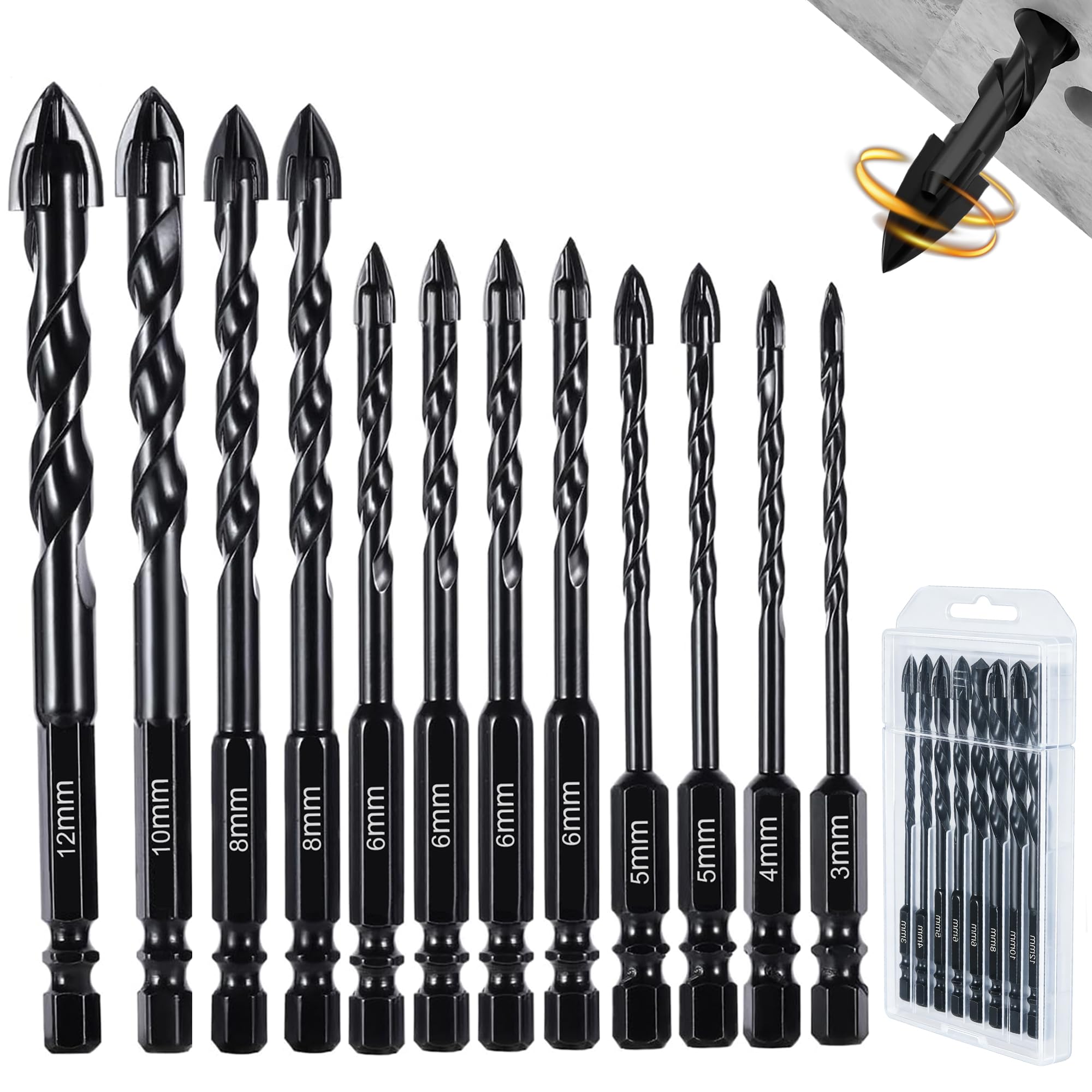 Tile Drill Bit Set 12 Pieces, Porcelain Drill Bit with 1/4 Inch Hex Shank, Carbide Tipped Cross 4 Edges for Glass Ceramic Concrete Brick Wood, Sizes 3 mm 4 mm 5 mm 6 mm 8 mm 10 mm