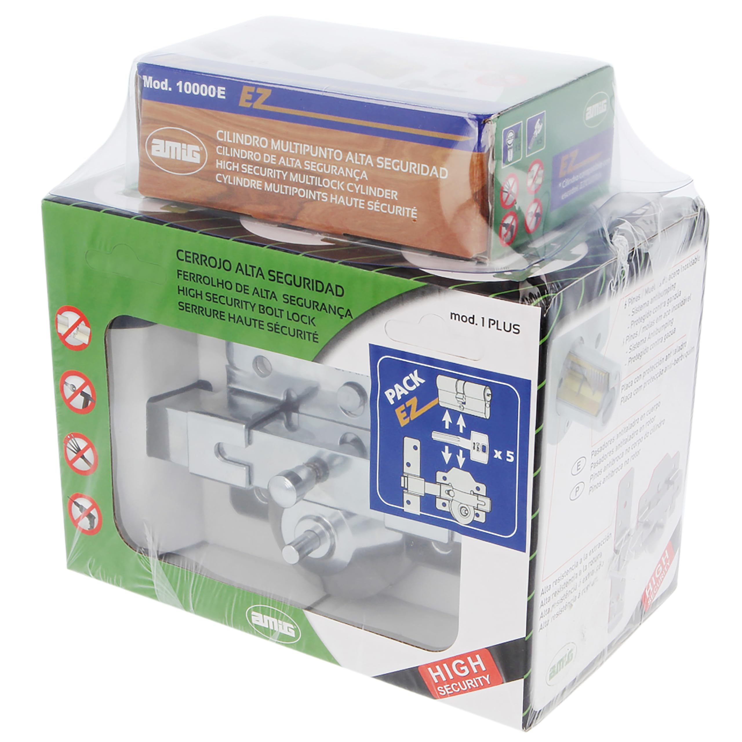Amig - Pack de Seguridad Cerrojo de Sobreponer y Cilindro Redondo Mod. 1EPLUS - Pestillo de Apertura y Sistema Antibumping- Cerrojo 90 x 154 mm - Cilindro ø 70 mm (35-35) - 5 Llaves - Acero - Plateado