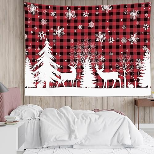 Miniatura 1 de HVEST Tapiz de nieve de invierno para colgar en la pared, diseño de ciervo y conejo blanco sobre fondo a cuadros rojos y negros, tapiz de copo de