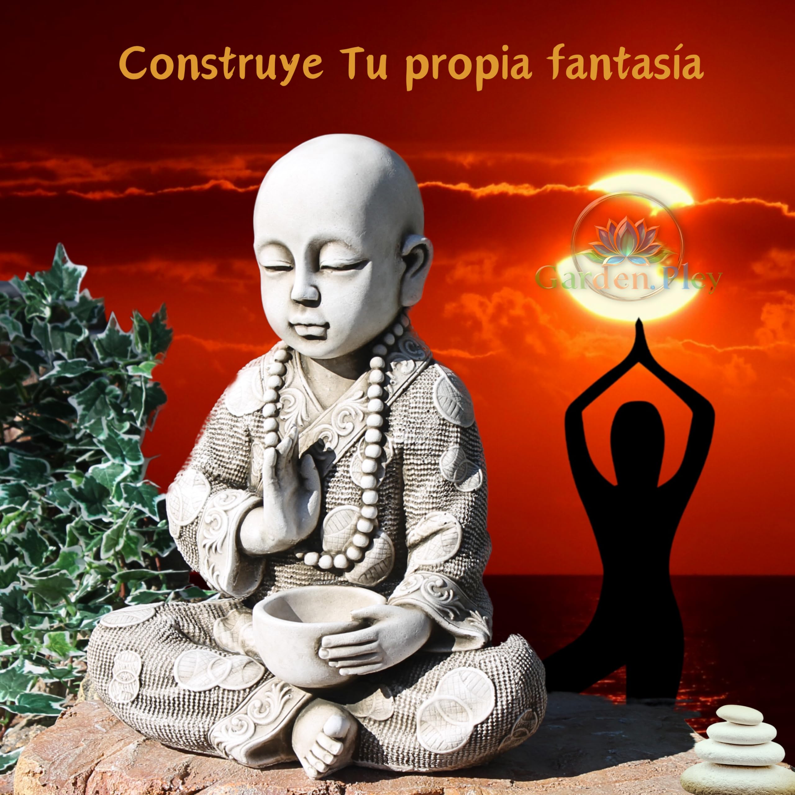 Buda para Vela 37 cm (Ceniza).- Budas Grandes de Jardin y Estatuas Decorativas de Piedra para Decoracion Jardin Exterior y Espacios Zen