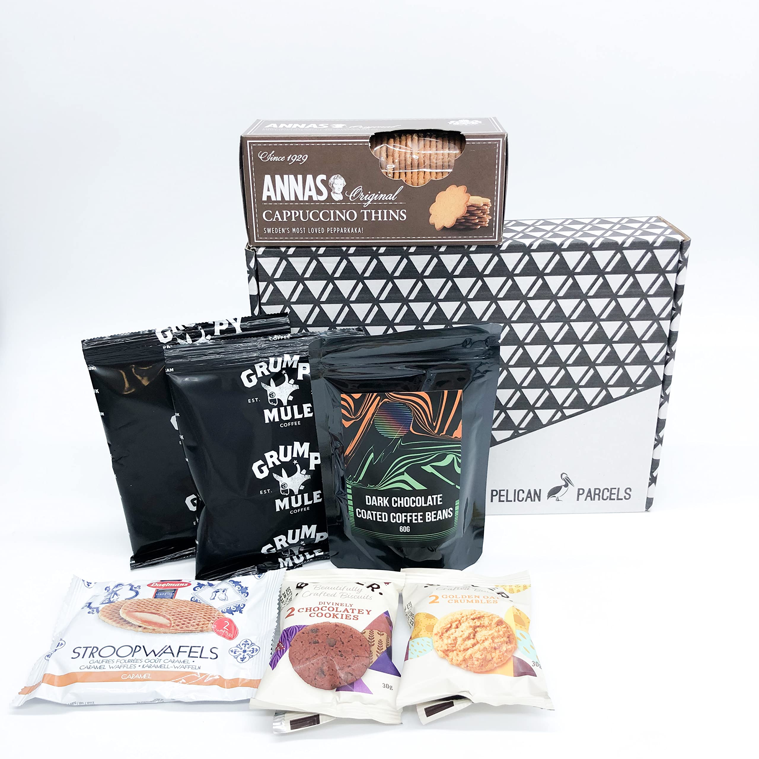 The Ultimate Coffee Gift Box - Grumpy Mule Filter Coffee, Annas Cappuccino Thins, Daelman's Stroopwaffel, Dark Choc Coated Coffee Beans, Border Biscuits - Pelican Parcels