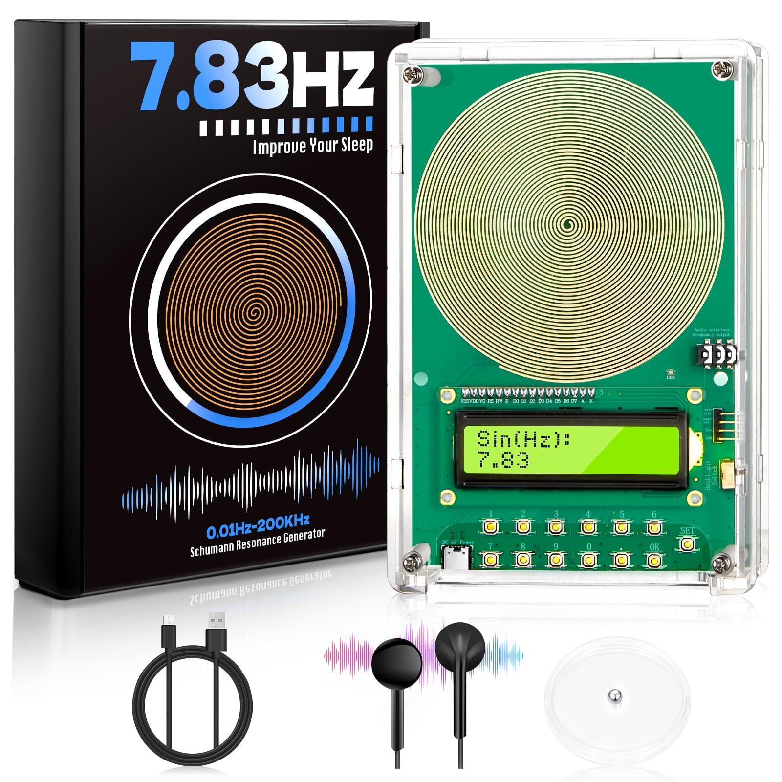 Générateur de fréquences 7,83 Hz réglable 0,1 Hz-200 kHz, avec écran et connexion USB - Générateur de fréquences pour l'aide au sommeil, portable pour la maison, le bureau, comme cadeau de