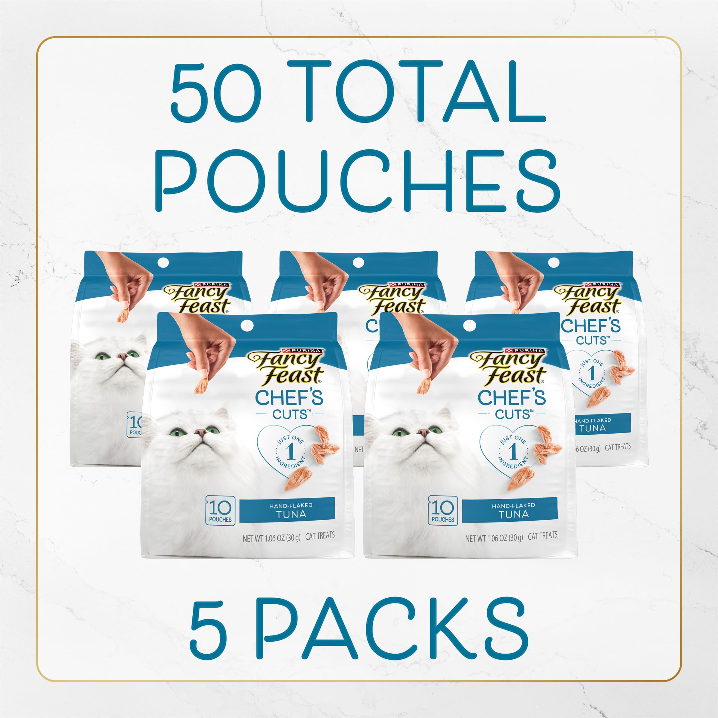 Purina Fancy Feast Natural Cat Treats - Copos de atún cortados a mano, 5 x 10 bolsas