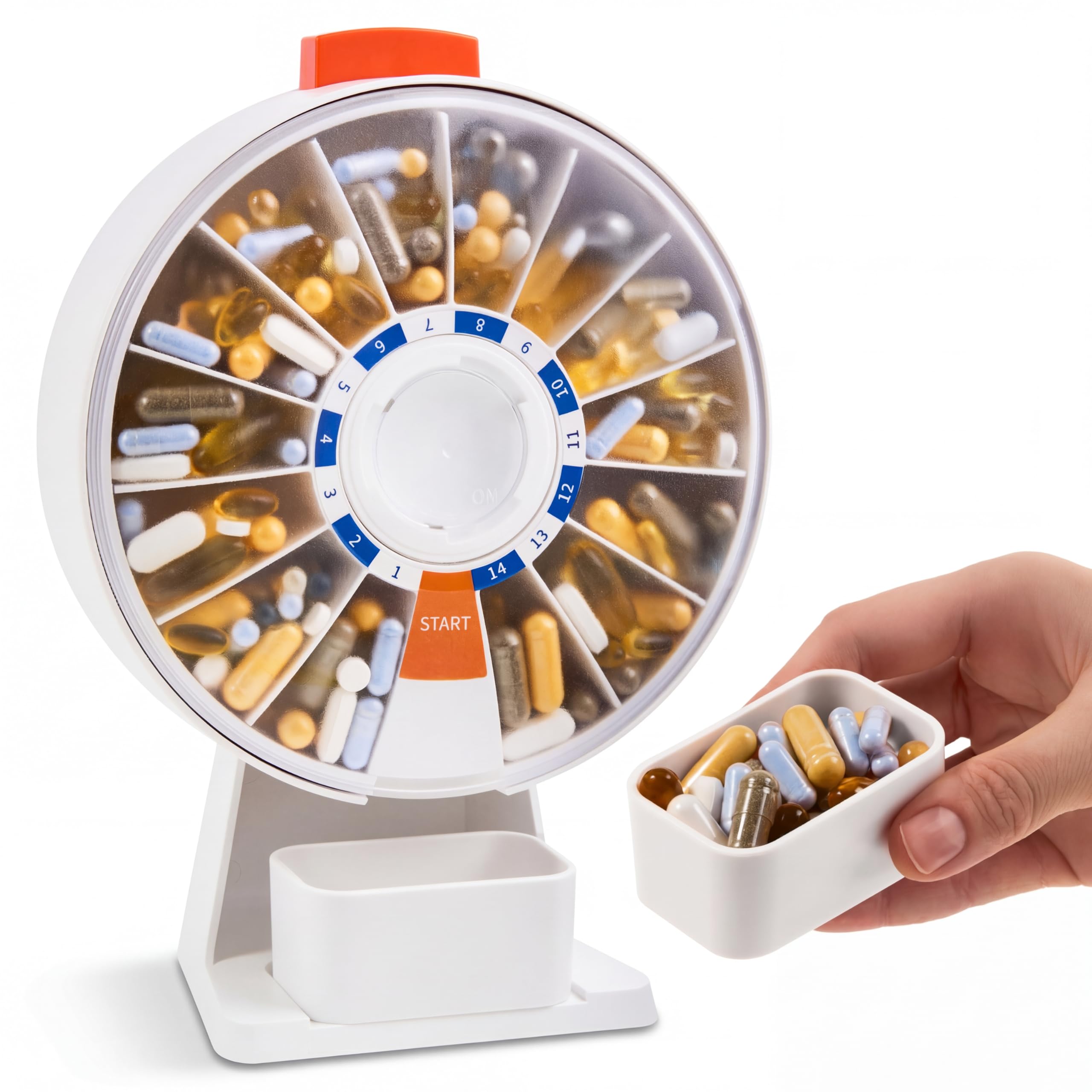 Pill Dispenser 14 Day Rotating Medicine Organizer Wheel with Push Button Wall Mounted or Desktop Manual Pill Dispenser