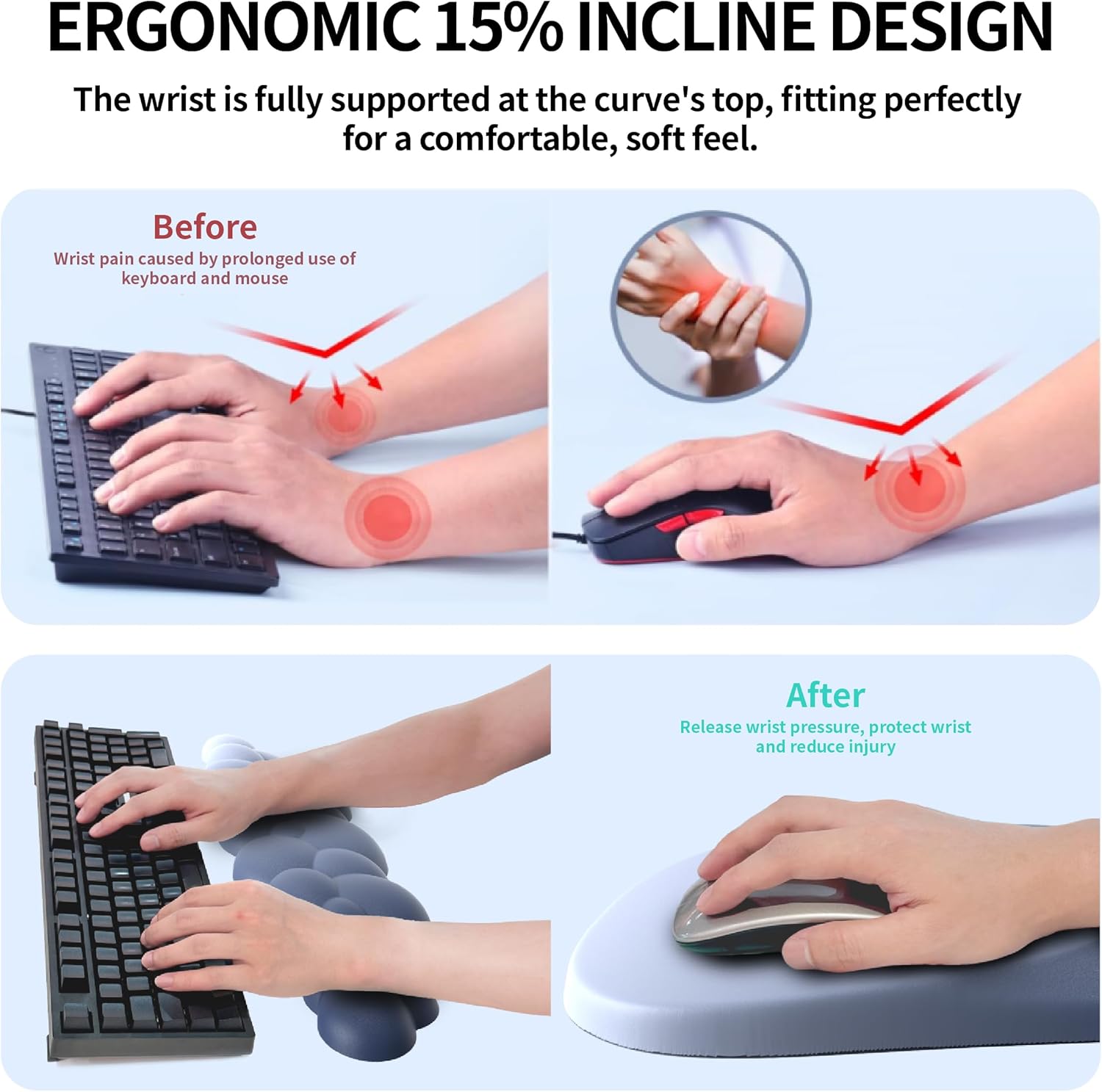 Ergonomic 2 in 1 Cloud Mouse Pad and Keyboard Rest, Non-Slip Wrist Support for Easy Typing & Wrist Pain Relief - Blue