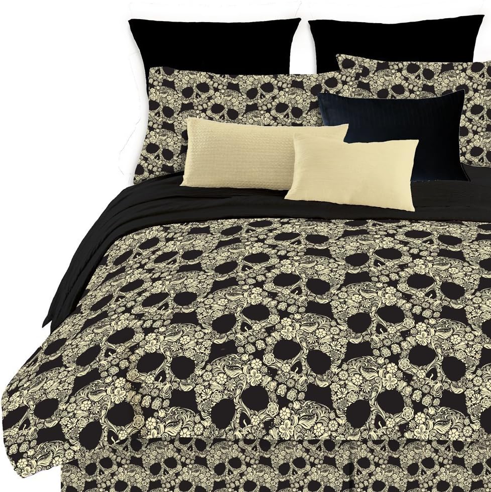 Street Revival Flower Skull Complete Bed Set - Steel Frame, Coil Mattress, Pillow, Pillowcases, Comforter, Fitted Sheet, Flat Sheet - Goth Bedroom Furniture Bed and Soft Bedding Set with Fully Reversible Flowered Skulls Tattoo Art with Shams and Ruffle (Twin)