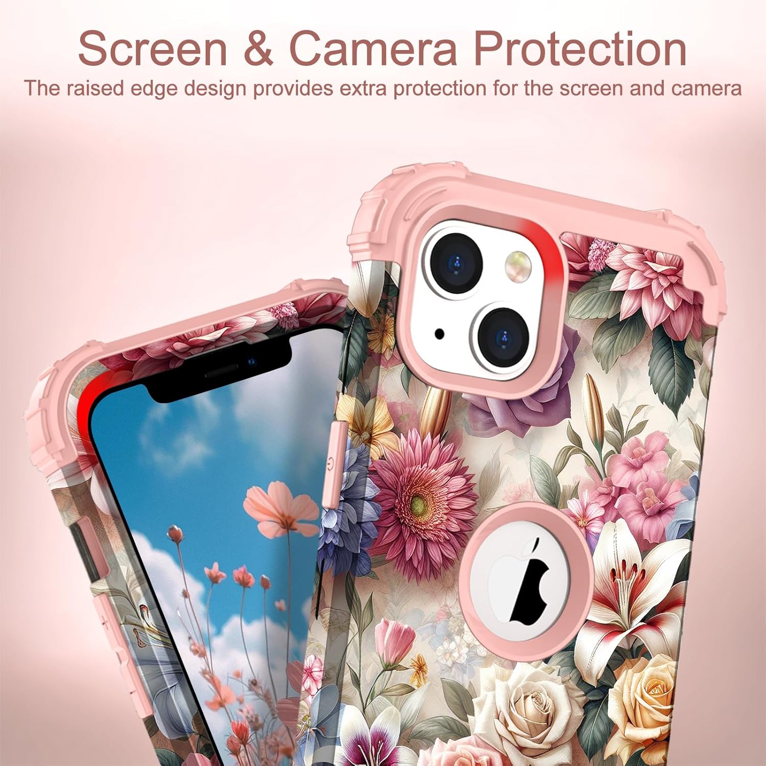 Hocase for iPhone 14 Case/iPhone 13 Case, Heavy Duty Shockproof Protection Soft Silicone Rubber+Hard Plastic Bumpers Hybrid Protective Case for iPhone 13/14 (6.1") - Rose Flowers - Image 4