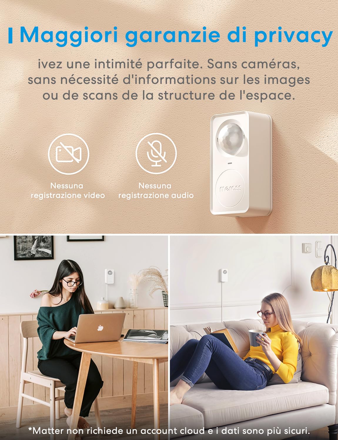 meross 3-in 1 Sensore di Presenza Matter, Smart Wi-Fi Sensore di Movimento per Interno con Notifica App Compatibile con Apple HomeKit, Alexa, Google Home