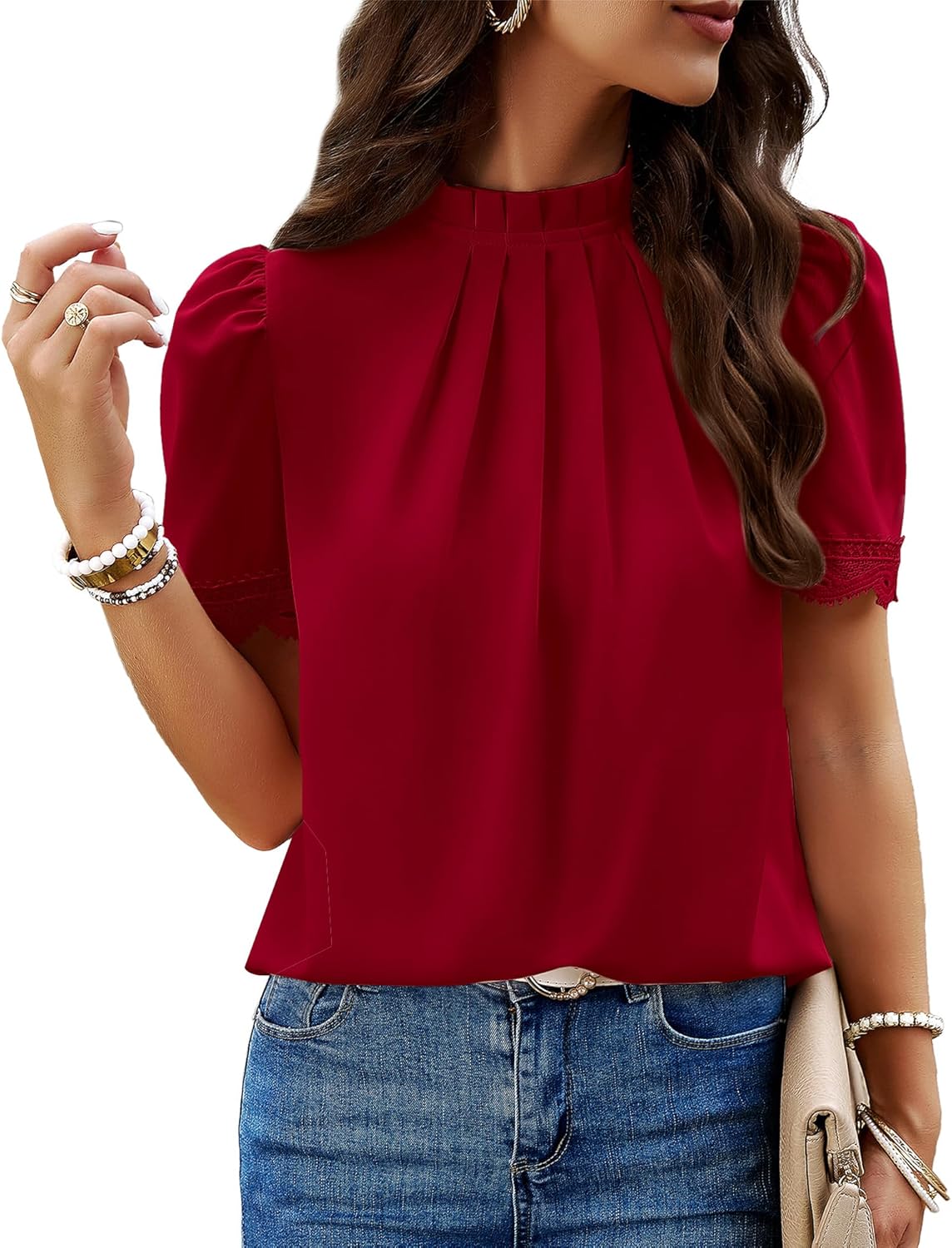 BTFBM Women Blouses 2026 Dressy Casual Summer Tops Mock Neck Lace Trim Short Sleeve Business Work Shirts Spring Clothes