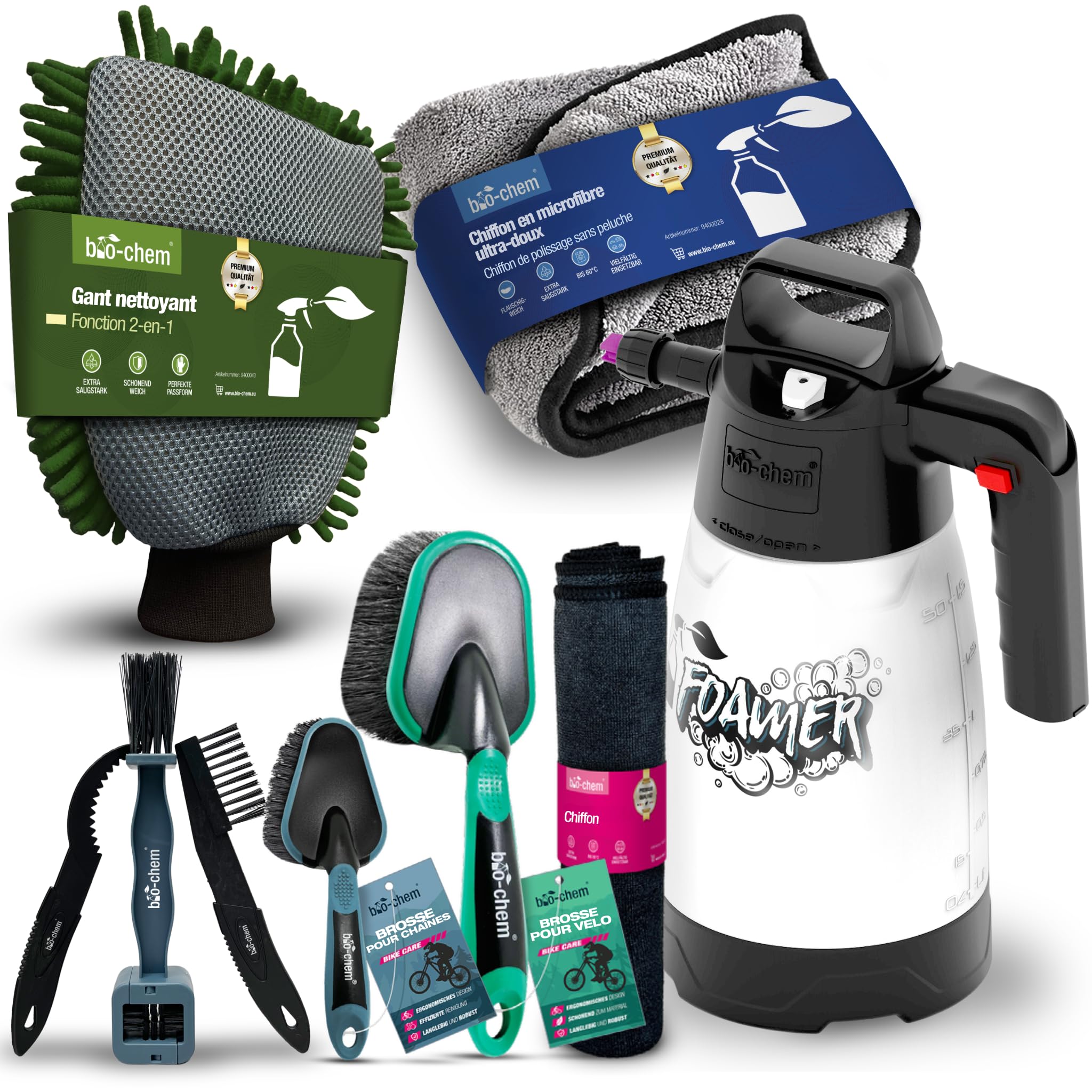 bio-chem Set de 9 accessoires de nettoyage pour vélo, vtt, e-bike | Vaporisateur de mousse, brosses pour chaîne et cadre et chiffon microfibre - Nettoyage et entretien du vélo