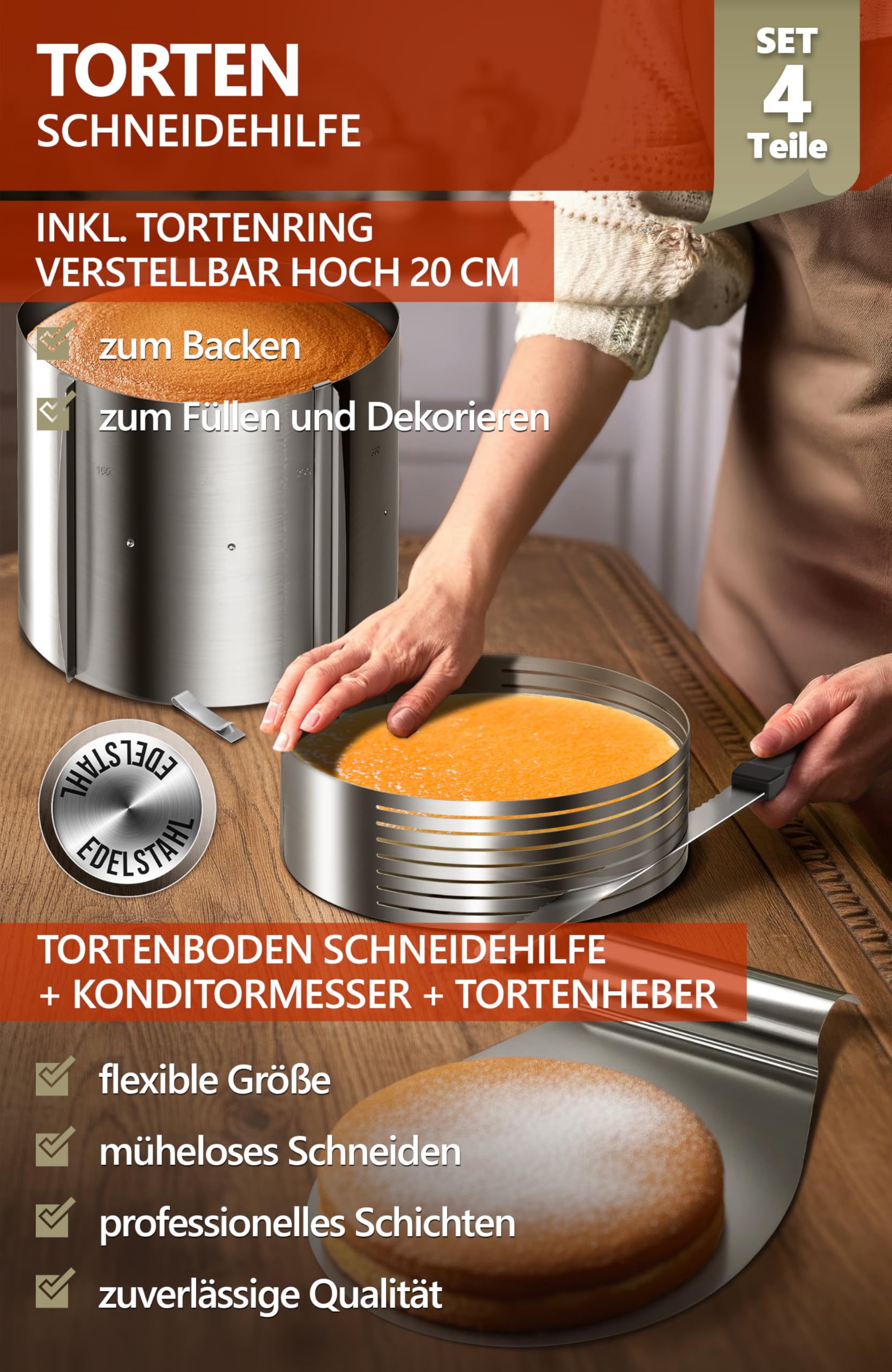 4smile Tortenzubehör - Edelstahl Torten Schneidehilfe Set, 4 Teile - Tortenring verstellbar hoch 20 cm + Tortenboden Schneidehilfe Ring Ø 26/28 cm + Konditormesser + Tortenheber