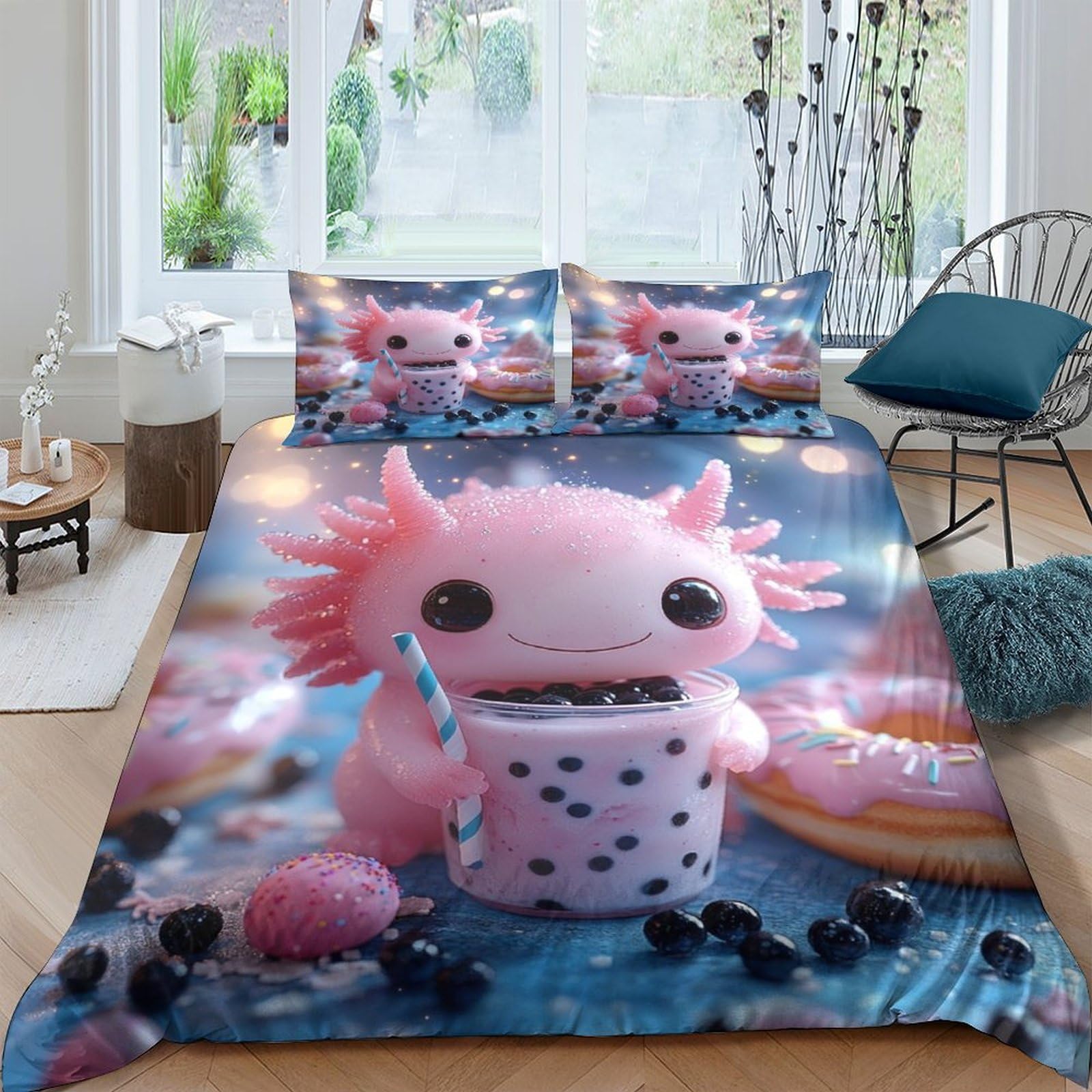 GPLZQXKJNH 3D Printed Cute Axolotl Duvet Cover Microfiber Soft Breathable Bubble Tea Bedding Set with 2 Pillowcases for Bedroom Decor Single（135x200cm）
