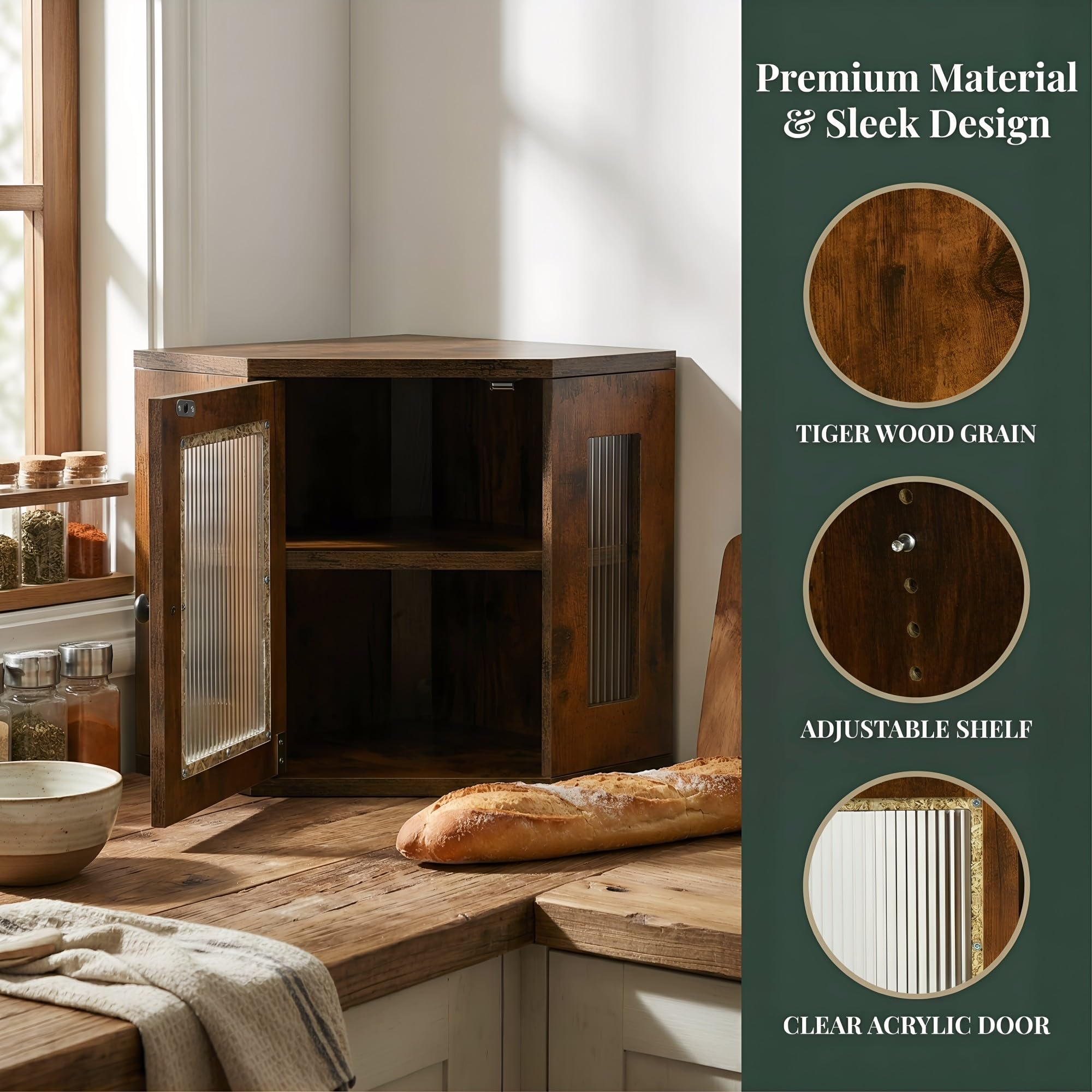 Portapane Angolare 32x32x35cm, Mobile Contenitore Cucina con Mensola Regolabile, Porta Acrilica Trasparente, Finitura Effetto Legno, Risparmio Spazio, Design Rustico Moderno