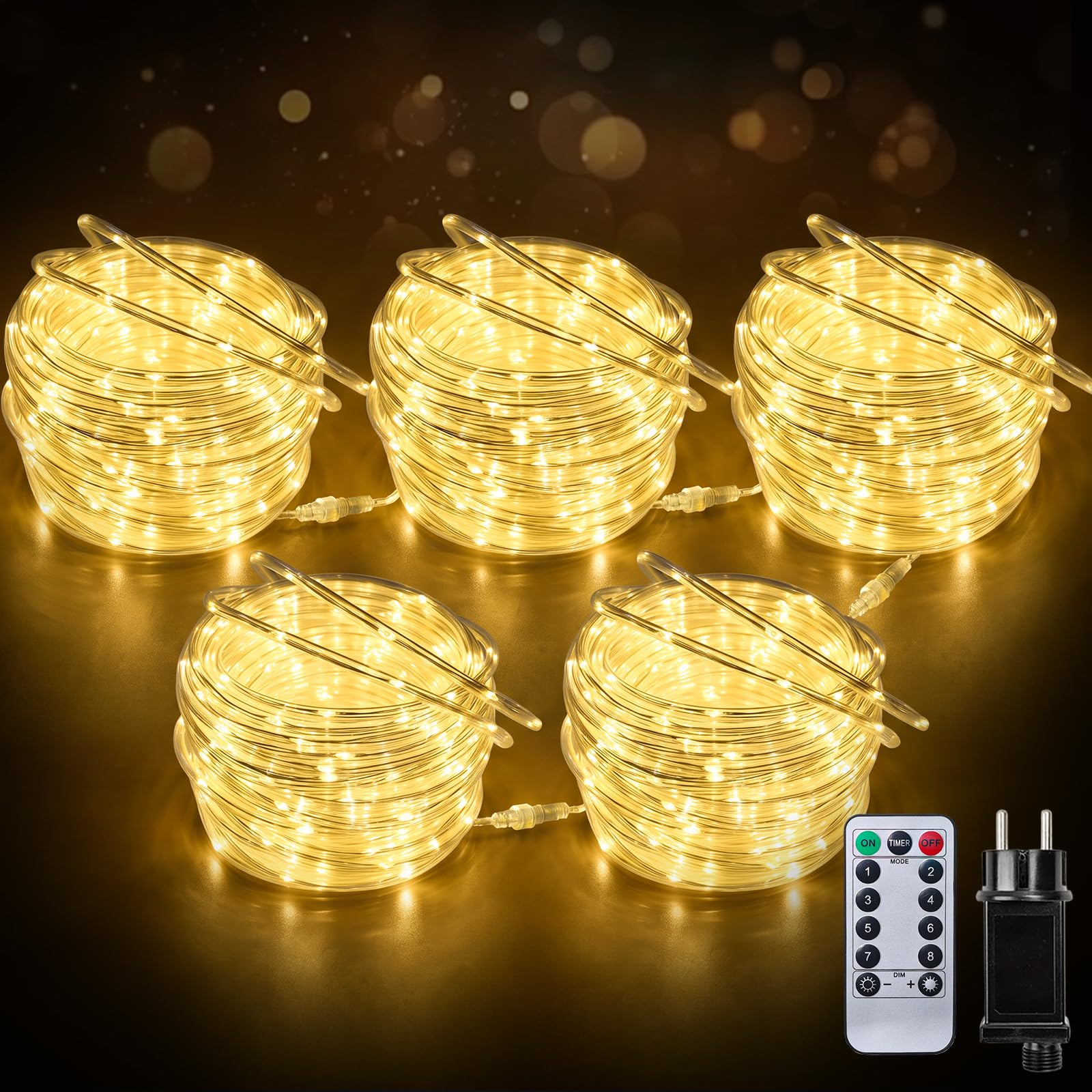 Tube Lumineux Connectables, 50M 500LED Guirlande Lumineuse Exterieure Blanc Chaud, IP65 étanche 8 Modes avec Télécommande Intérieur, Terrasse, Porche, Piscine, Décoration d'arbre