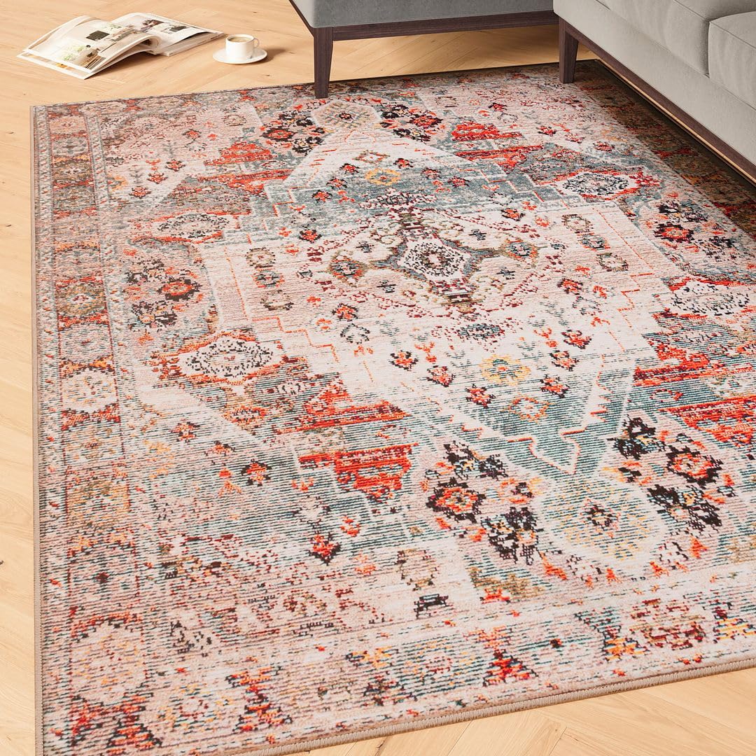 Machine Washable Traditional Blue Red Multi Cotton Rugs Medallion Patterned Stain Resistant Liquid Repellent Living Area Bedroom Rug 200cm x 290cm (6ft 7" x 9ft 6")