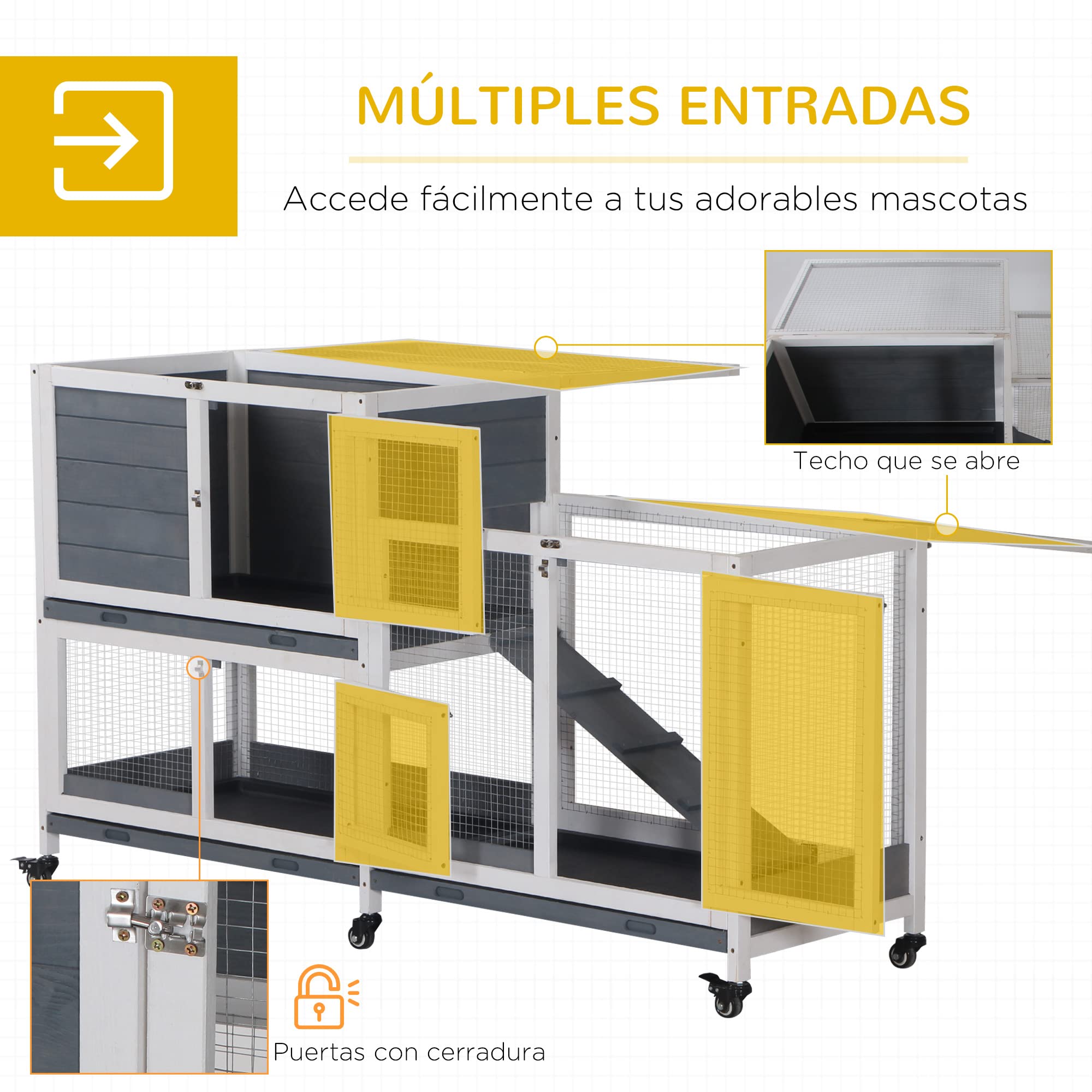 PawHut Conigliera in legno su ruote 147x45,5x88,5 cm Gabbia per conigli a 2 livelli con tetto apribile 2 corridoi in metallo 3 vassoi rimovibili 3 porte con chiusura e rampa Grigio