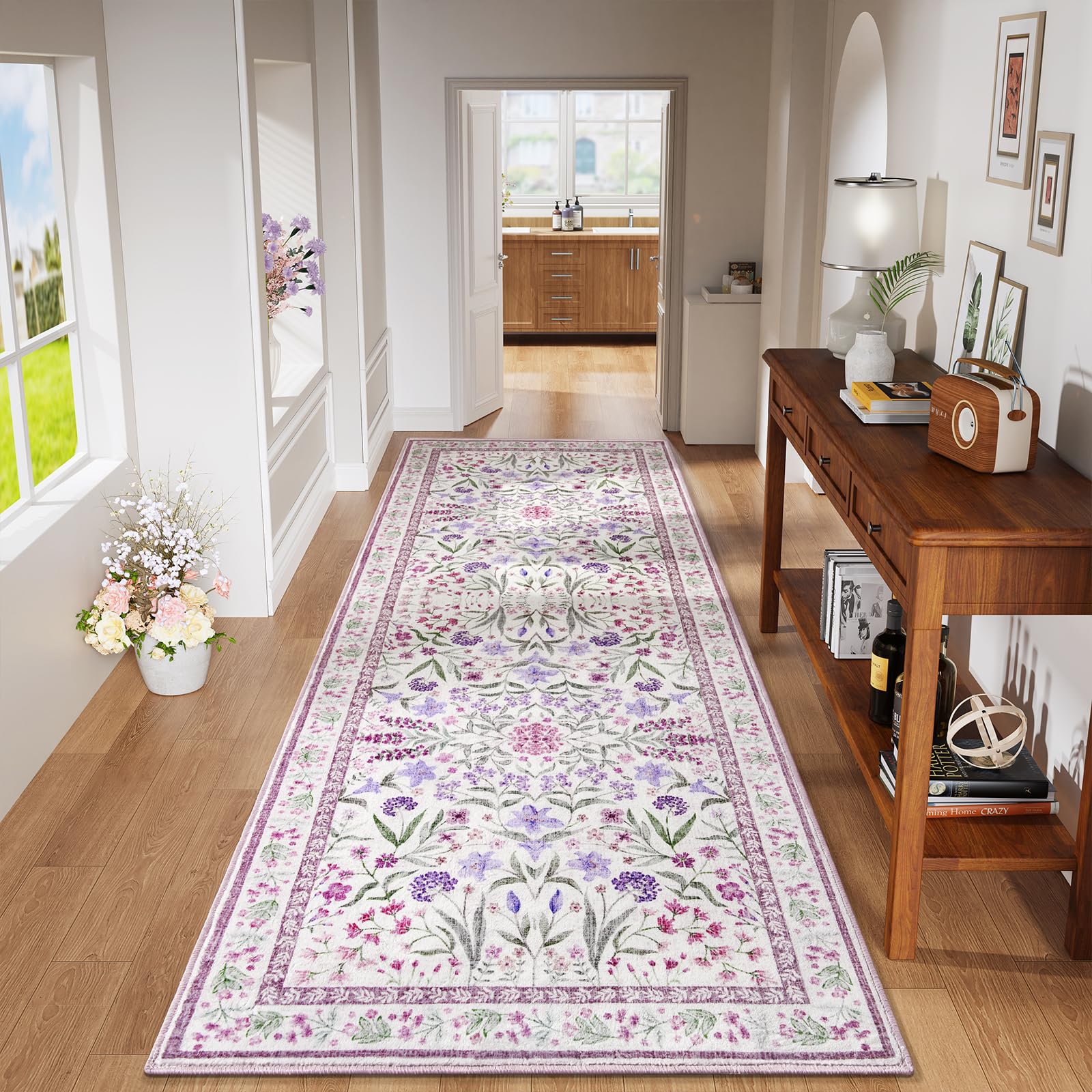 Amearea Purple Runner Rugs for Hallway, 2x6 Feet Area Rugs for Bedroom Girls, Washable Floral Collection Bedside Rugs Low Pile Print Carpet, Kids Room