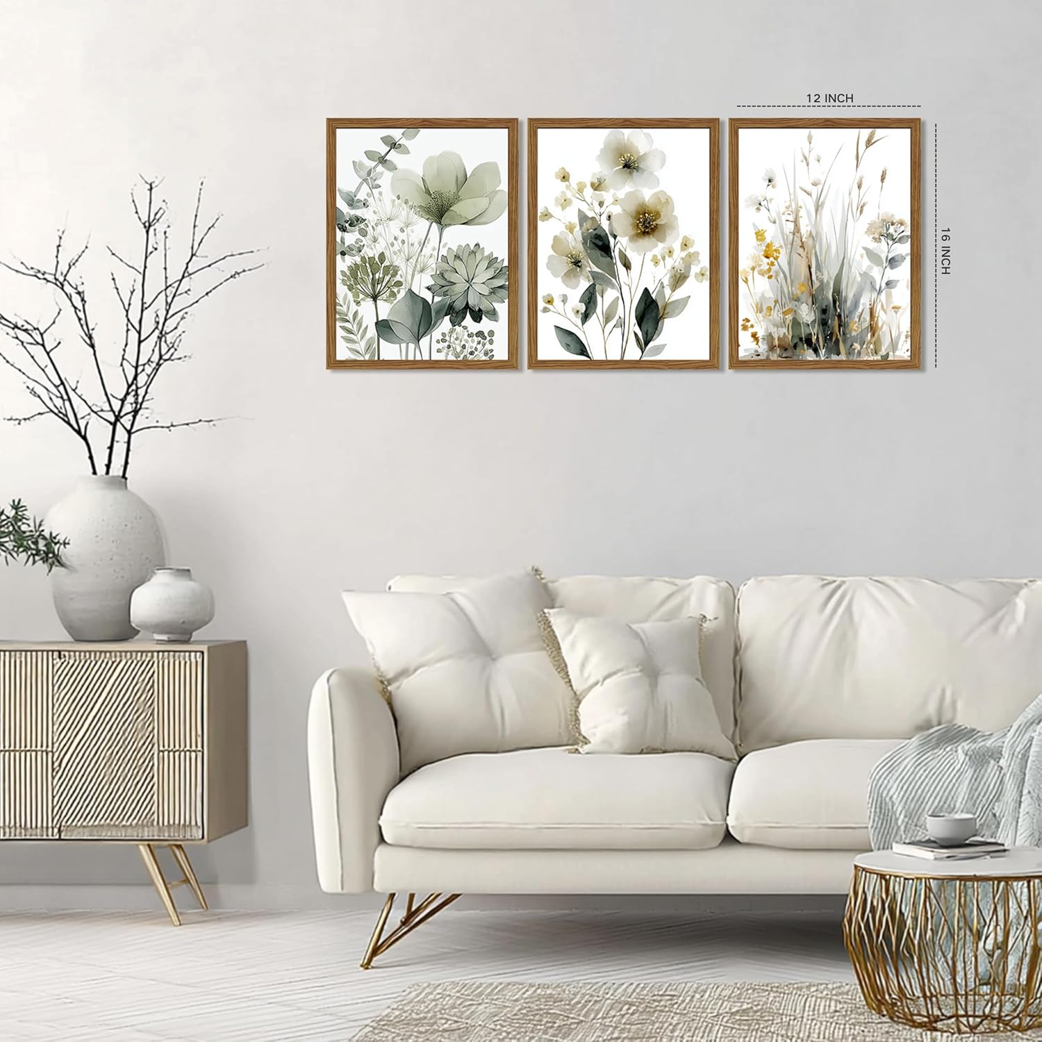 Wood Framed Sage Green Botanical Wall Art Set of 3, Boho Floral Canvas Wall Decor Paintings, Minimalist Flower Posters Prints for Bedroom Bathroom Living Room Stockholm Room Decor Home 12x16 Inch