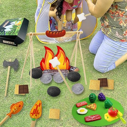 Miniatura 7 de 45 piezas de juguete de fogata para niños, juguetes de campamento para niños pequeños, juego de fogata de fieltro con frutas cortadas de simulación,