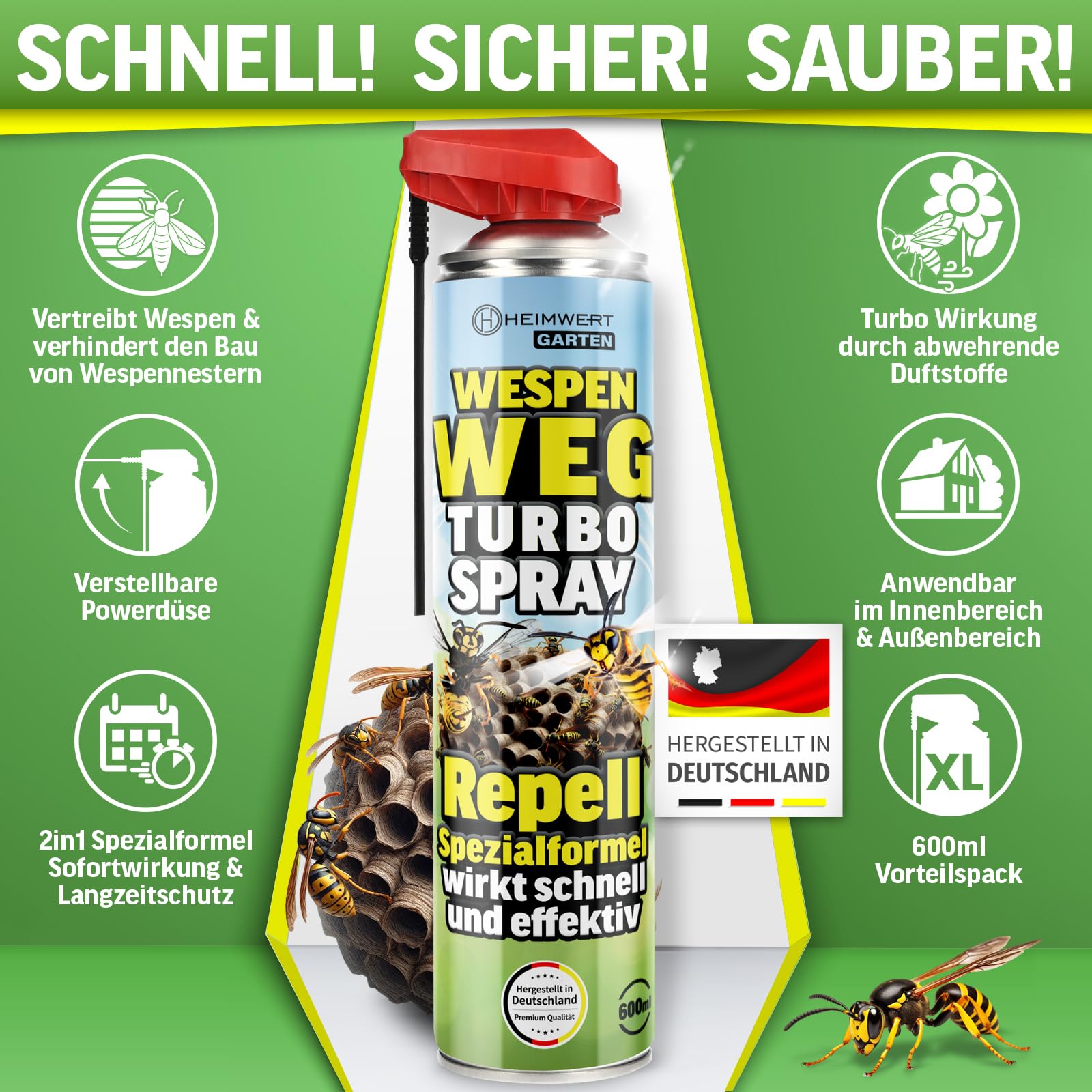 HEIMWERT Wespenspray Turbo mit Langzeitwirkung Repellent - Sicher Wespennest entfernen dank Spezialformel Made in Germany - 2x600 ml Vorteils Spray gegen Wespen + große Nester (2x600 ml)
