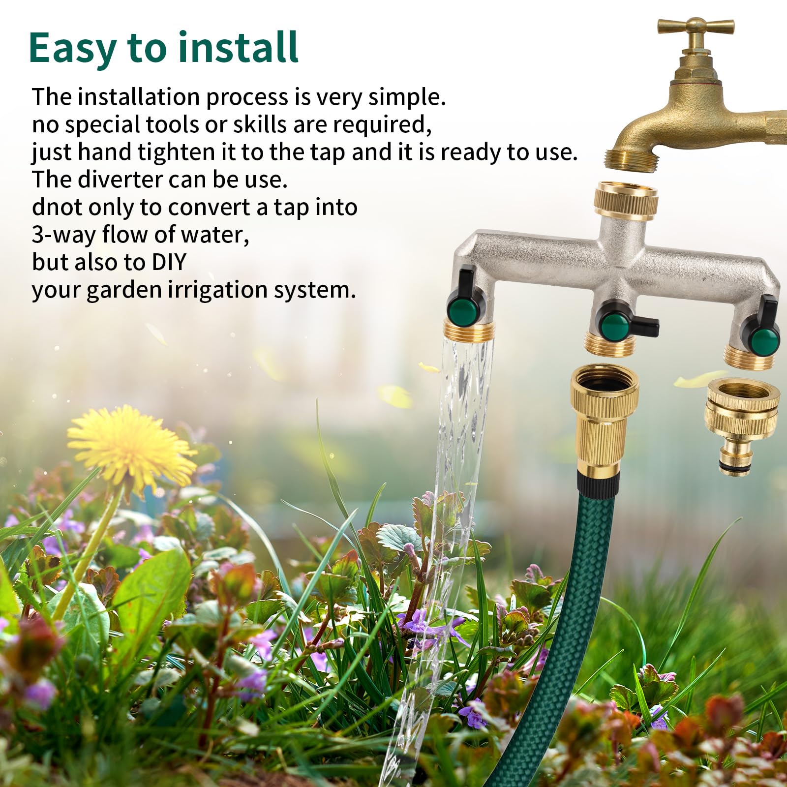Tesmotor Distributore d'Acqua a 2/3/4 Vie in Ottone, Rubinetto da Giardino con Separatore di Tubi 3/4" e Valvole a Sfera Separate, Filettature Standard Europee da 3/4" Femmina a 3/4" Maschio (3 Vie)