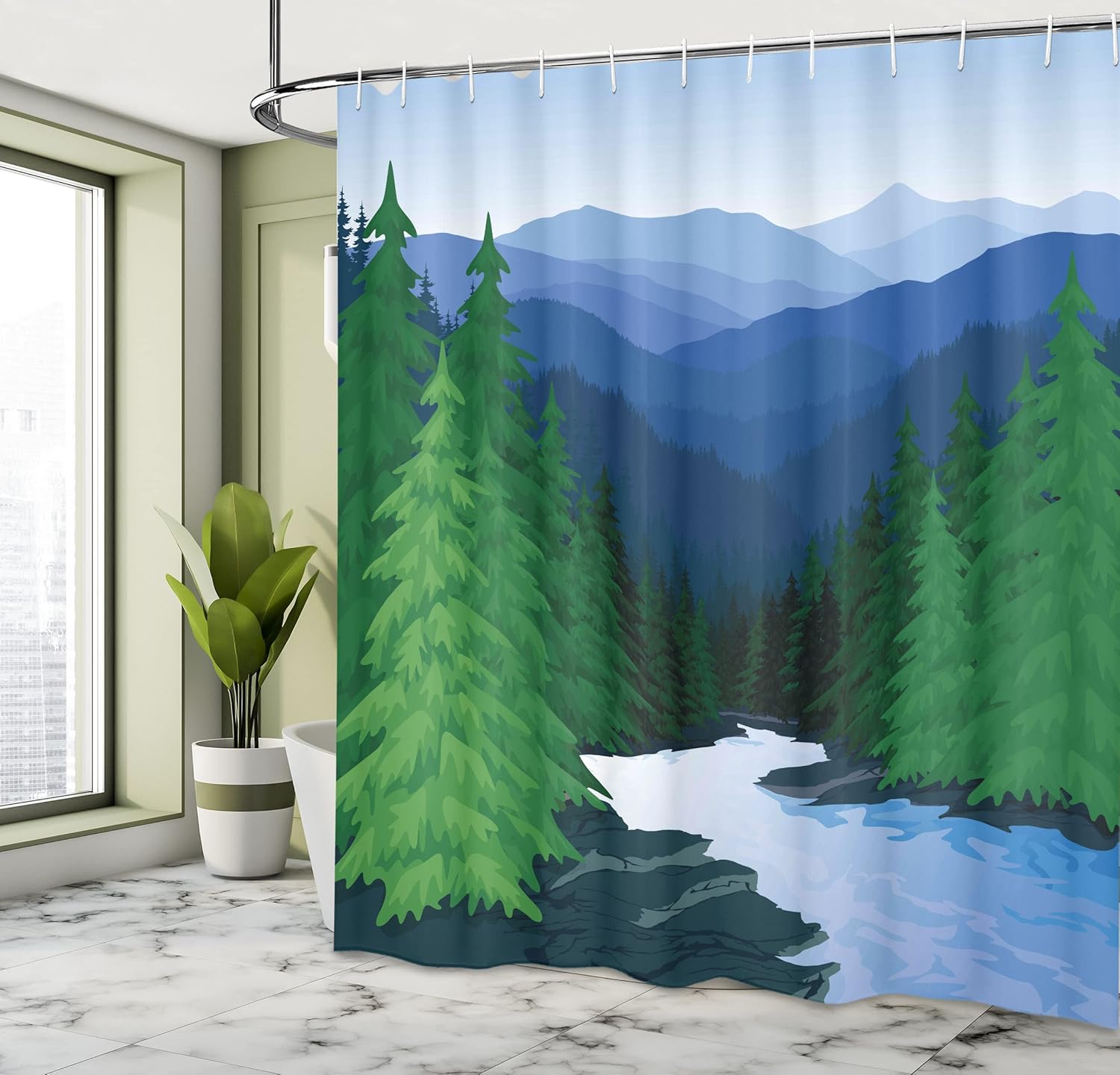 Ambesonne Northwoods Shower Curtain, Evening in The Mountains Oak Forest with River Wilderness, Cloth Fabric Bathroom Decor Set with Hooks, 69" W x 70" L, Fern Green Dark Teal