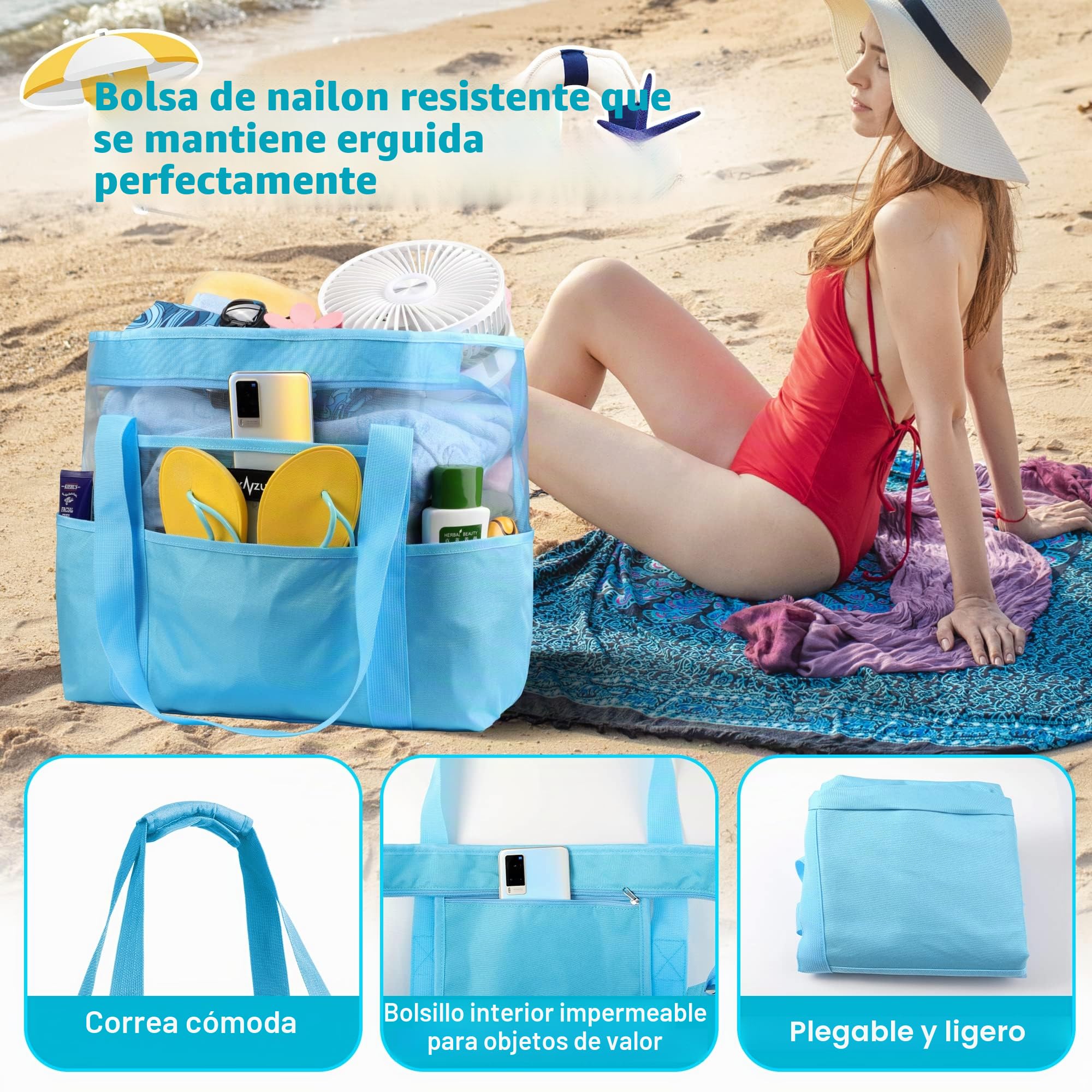 Bolsa Playa Grande XXL Familiar, Bolsa Cremallera Playa Malla, Impermeable Lavable Resistente a La Arena Plegable ​Transpirable Juguetes Viaje