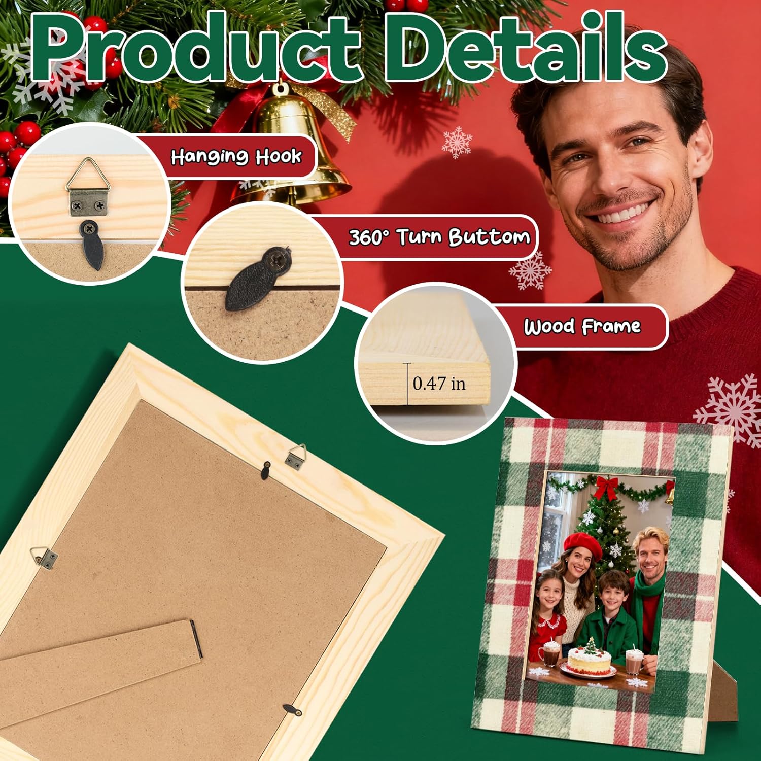 Christmas Picture Frame 5x7 Buffalo Check Plaid Photo Frame Fits 5 by 7 Inch Wall Mount and Tabletop Display for Home Decor