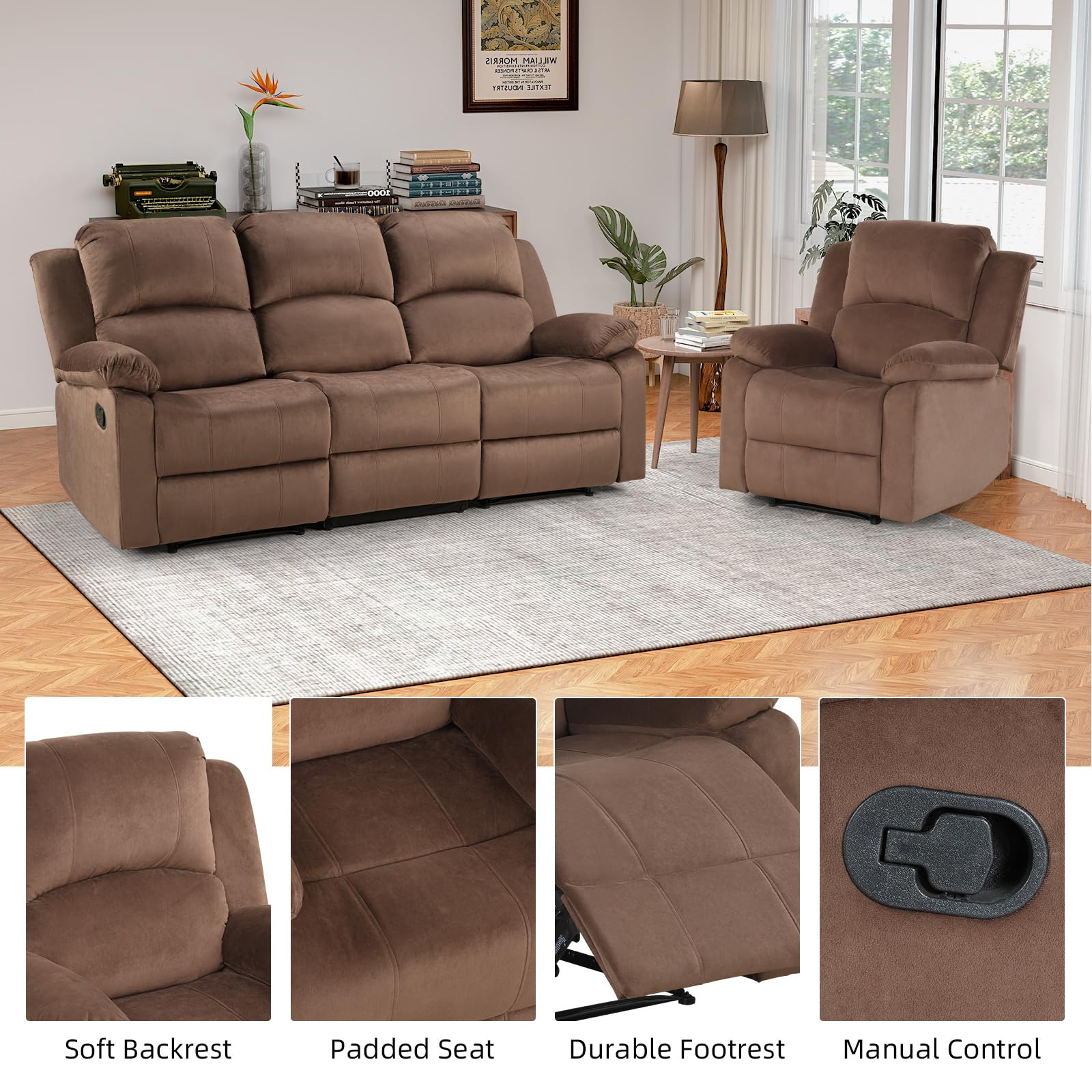 EBELLO Manual Reclining Couch Set for Living Room, Include 1 Recliner Chair, 3 Seat Sofa, Soft Microfiber Recliner Sofa Furniture Set for Home and Office, Brown view 3