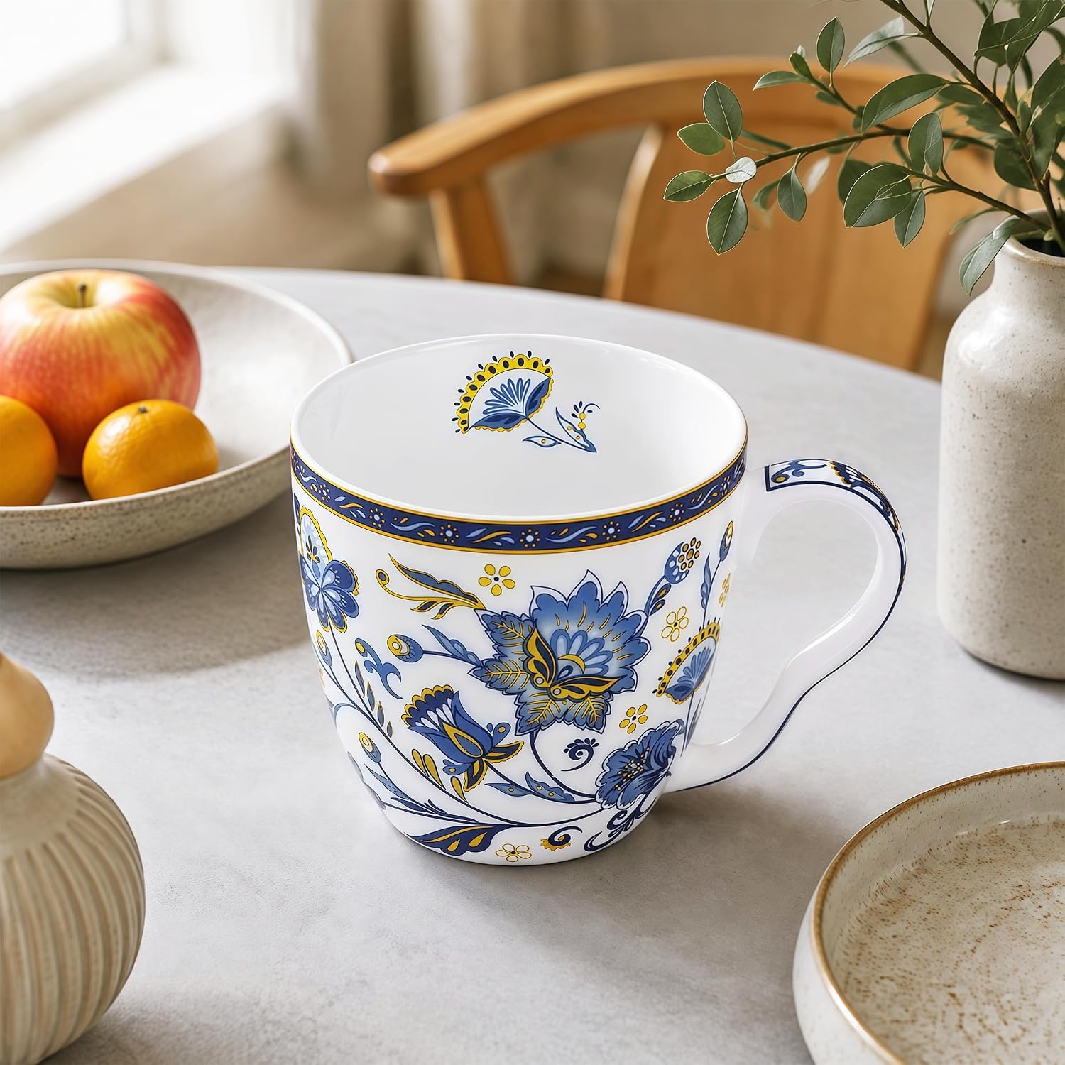 Bone China Coffee Mug, 16 oz Floral Tea Drinking Cup for Daily Beverages