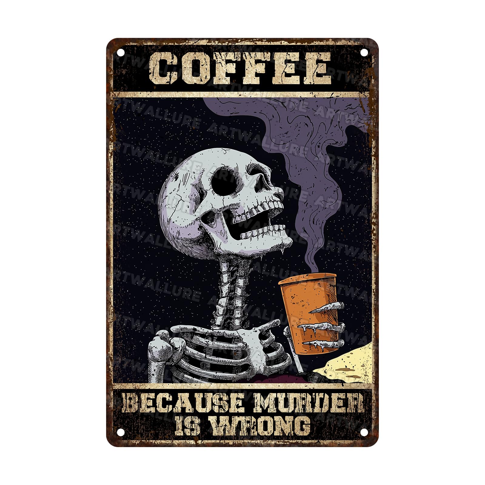 Anceky Funny Metal Tin Sign Skeleton Coffee Because Murder Is Wrong Metal Sign Vintage Wall Decor For Home Bar Backyard Cafe Kitchen 12×16 Inch