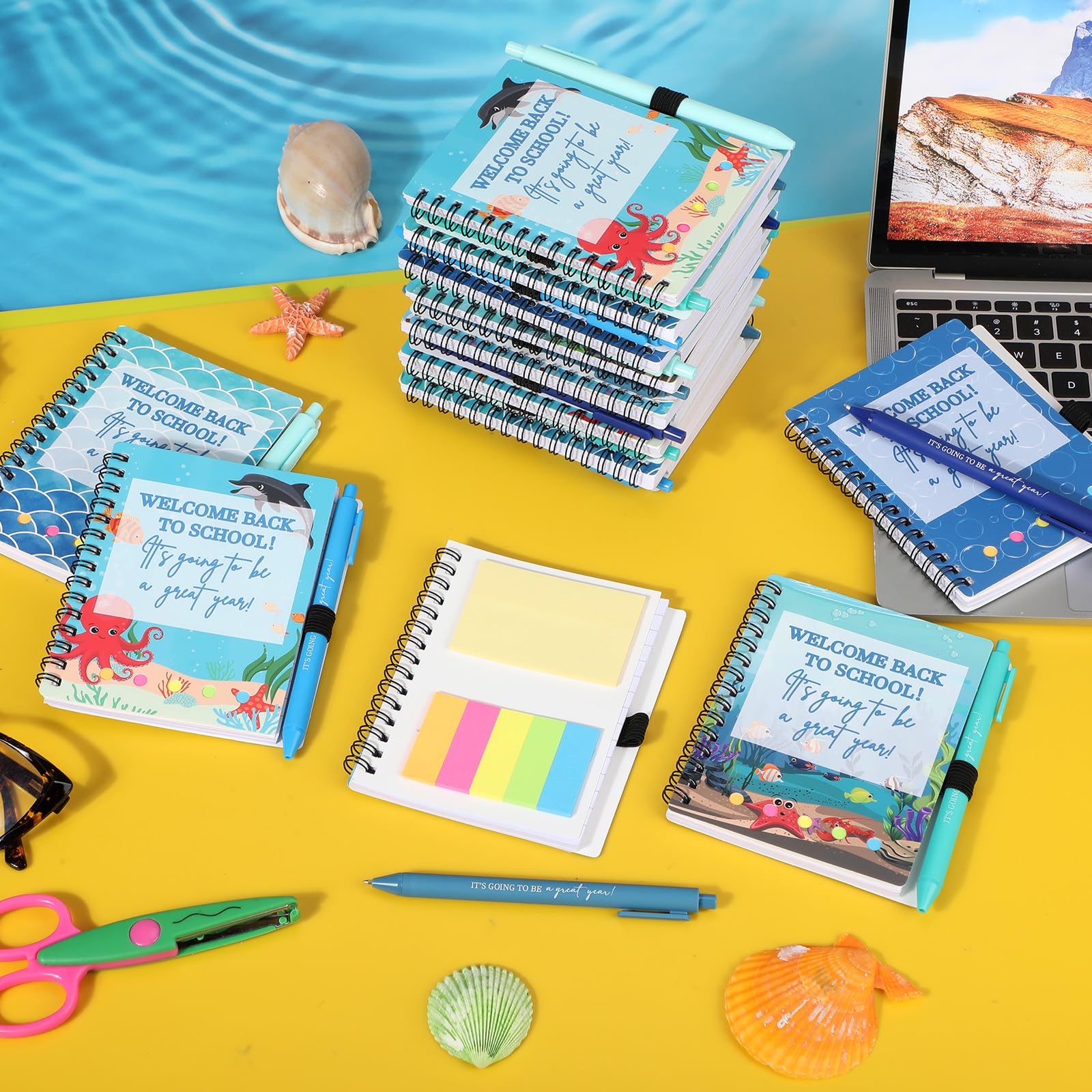 Dunzoom 40 quaderni con scritta "Welcome Back to School", 20 quaderni per il primo giorno di scuola, con linguette adesive, set di 20 penne ispiratrici per insegnanti e studenti (oceano, blu)
