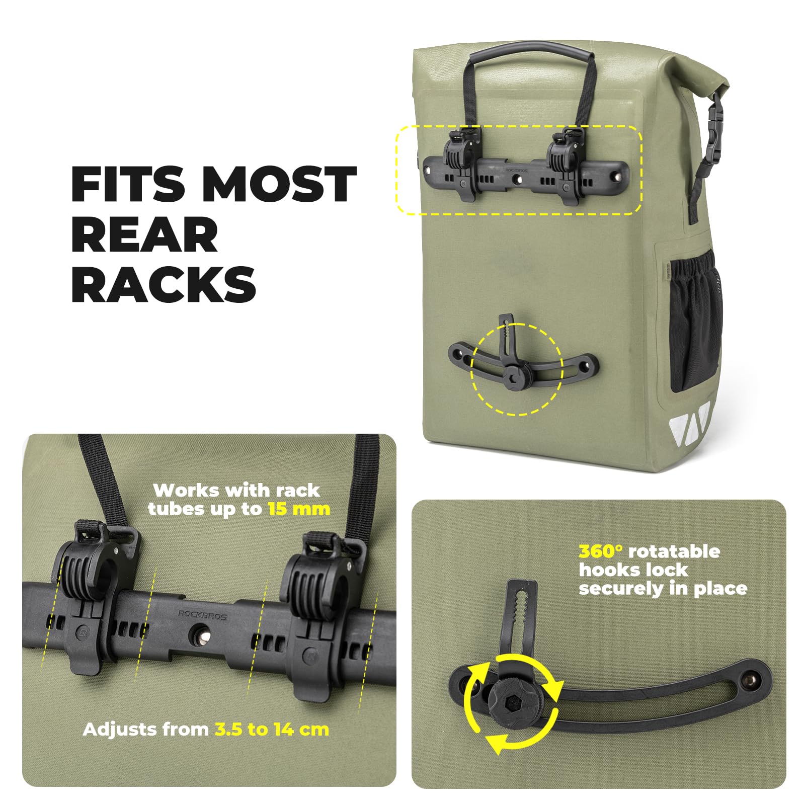 ROCKBROS Road to Sky Borsa Portapacchi Bici 25L Impermeabile | Aggancio Rapido e Stabile, per MTB, Bici da Strada e Trekking, Ideale per Bikepacking e Uso Quotidiano, Verde